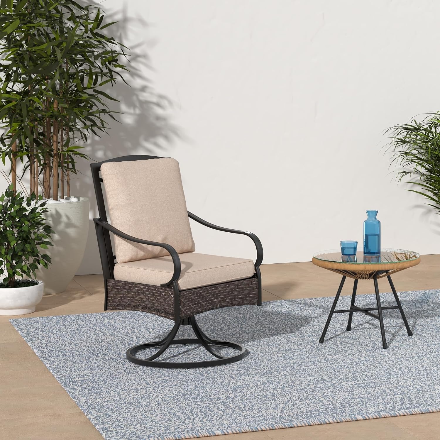 PHI VILLA Patio Swivel Chairs Set of 2, Heavy Duty Outdoor Metal Wicker Dining Chair with Thickened Cushions, Large All Weather Wrought Iron Deck Chair Lawn Furniture Support 300lbs