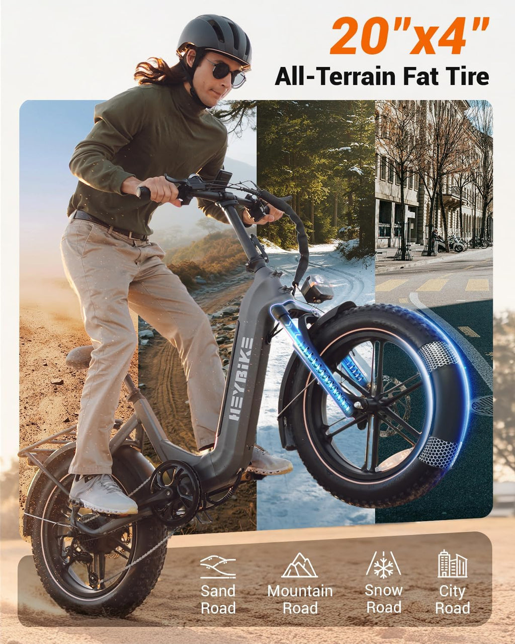 Heybike Ranger Foldable Electric Bike for Adults, 1200W/1800W Peak Motor, 28/32MPH E Bike, 55/90 Miles Range, 20'x4.0' Fat Tire Ebike with Removable Battery, Hydraulic Brakes for Snow, Beach,Commuting