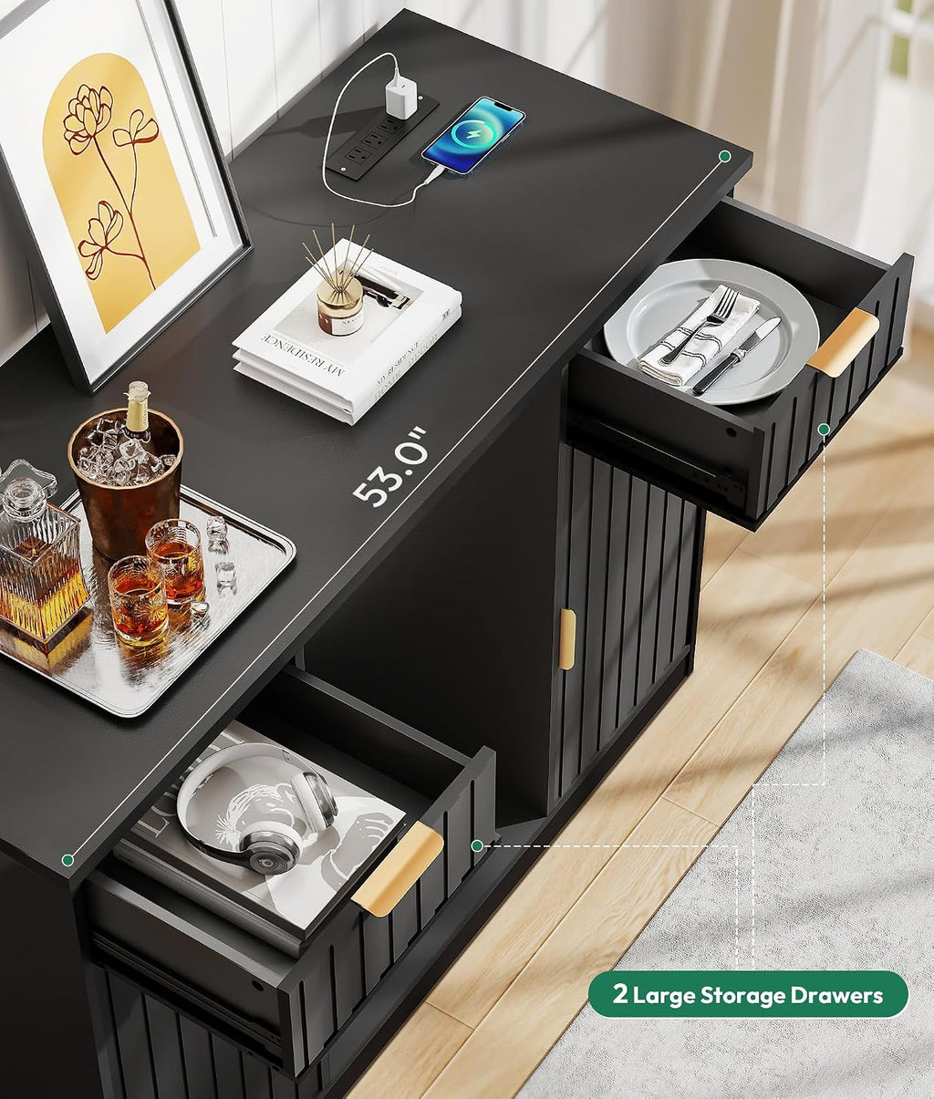 Lamtor Coffee Bar Cabinet with Storage - 53' Mini Fridge Cabinet with Power Outlet, Fluted Wine Bar with Drawer & Door Storage for Kitchen Dining Room, Black