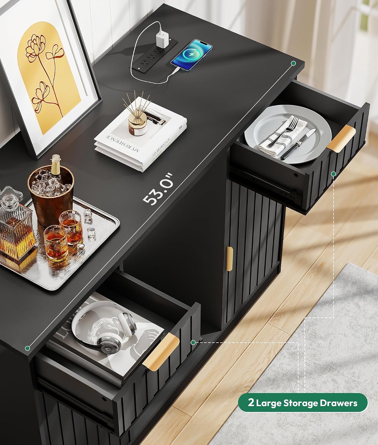 Lamtor Coffee Bar Cabinet with Storage - 53' Mini Fridge Cabinet with Power Outlet, Fluted Wine Bar with Drawer & Door Storage for Kitchen Dining Room, Black