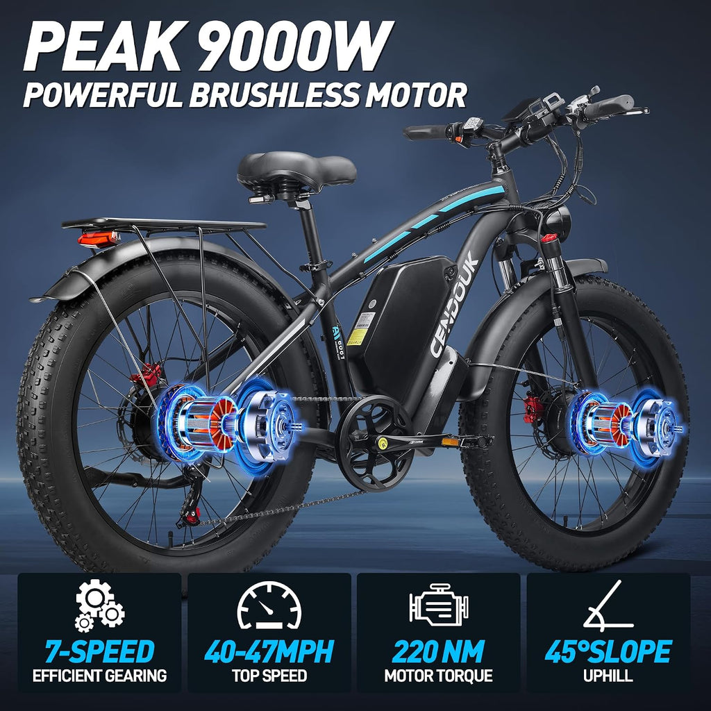 58V Max-Output Dual Motor Ebike, Peak 9000W for Adults 36AH Battery 47MPH 105 Miles Range 24 Inch Fat Tire Electric Bike LCD Display for Man Women