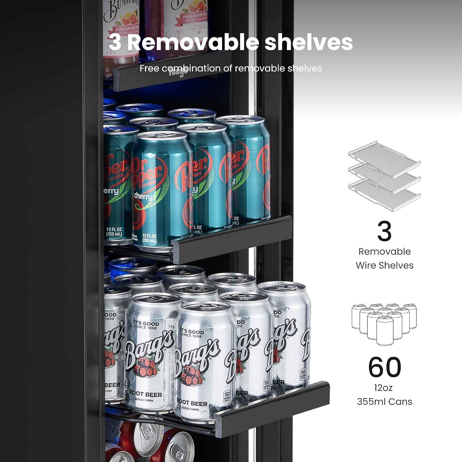 Yeego 12-Inch Beverage Refrigerator – 60 Can Mini Drink Fridge with Left-Hinged Glass Door, Built-In or Freestanding Beverage Cooler for Beer, Soda & Wine, Home Bar, Office, Bedroom