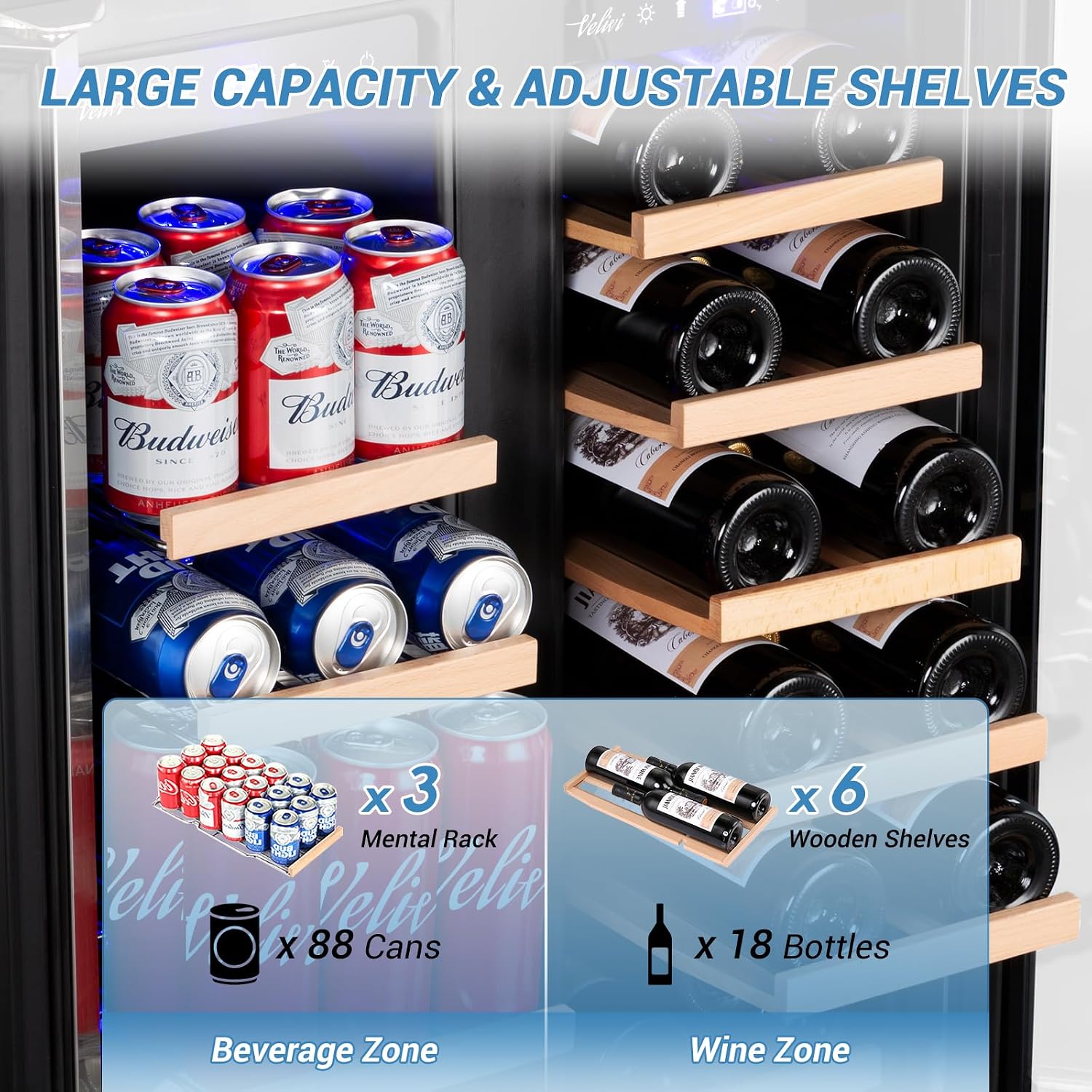 Velivi 24 Inch Beverage Refrigerator Undercounter, Dual Zone Wine and Beverage Cooler, Large Capacity for Beer Wine Drink with Built-In Warm Light, Ideal for Home Kitchen Bar Office