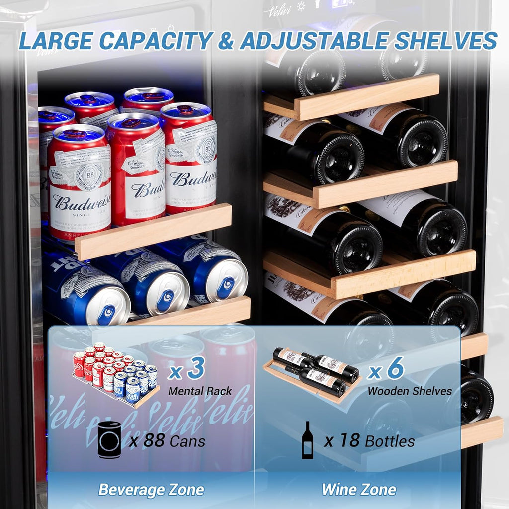 Wine and Beverage Refrigerator, 24 Inch Dual Zone Wine Beverage Cooler Under Counter with Glass Door&Lock, 18 Bottles and 68 Cans Large Capacity for Beer Soda Drink, Built-In or Freestanding Fridge