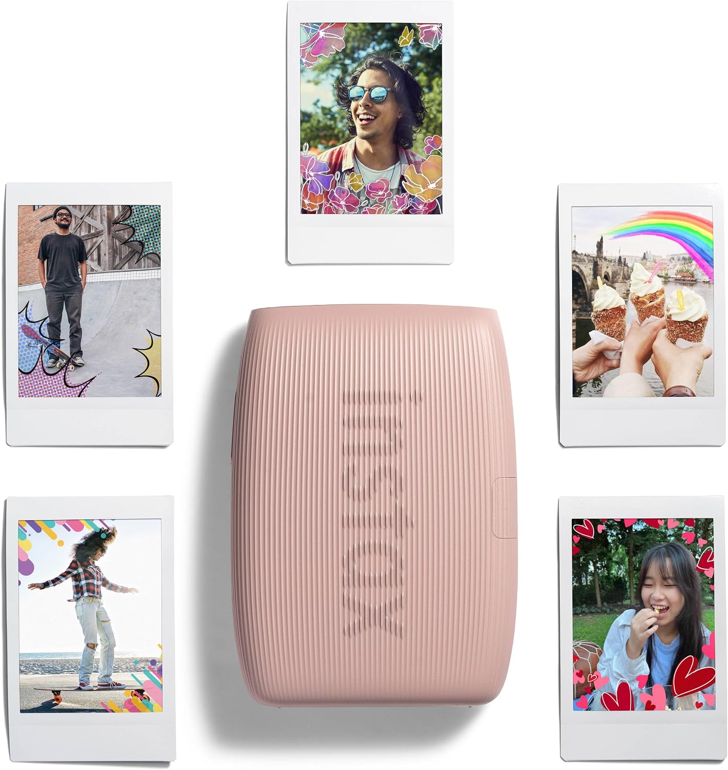 Bundle with Compatible Fuji Mini Link 3 Smartphone Printer Clay White + Fuji Film Value Pack 20 Sheets Accessories Bundle with Album + 5 Plastic Desk Frames + Paper & Sticker Frames (Rose Pink)