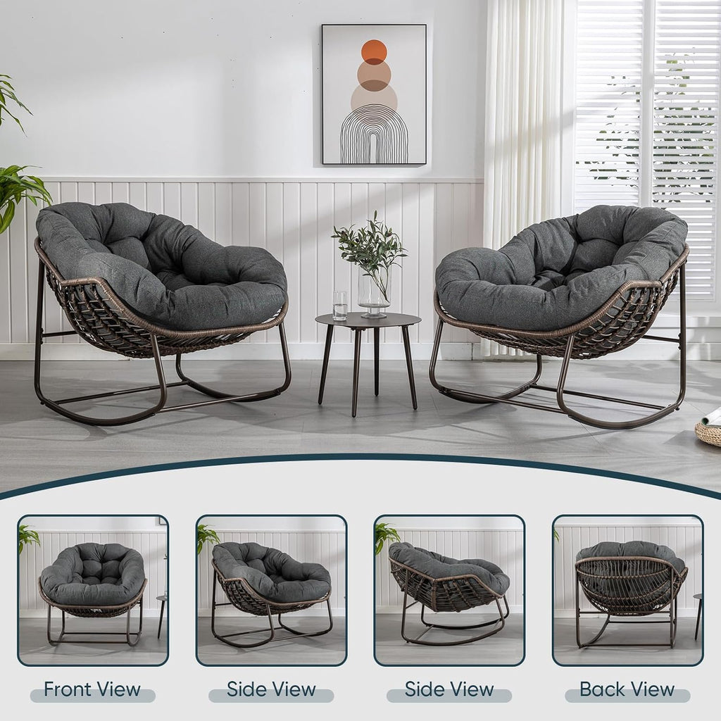 Outdoor Rocking Chair, Patio Oversized Wicker Egg Rocking Chair, Indoor & Outdoor Comfy Rocker Chair with Thick Cushion, Modern Lounge Chair for Balcony, Front Porch, Garden, Backyard, Deck, Grey