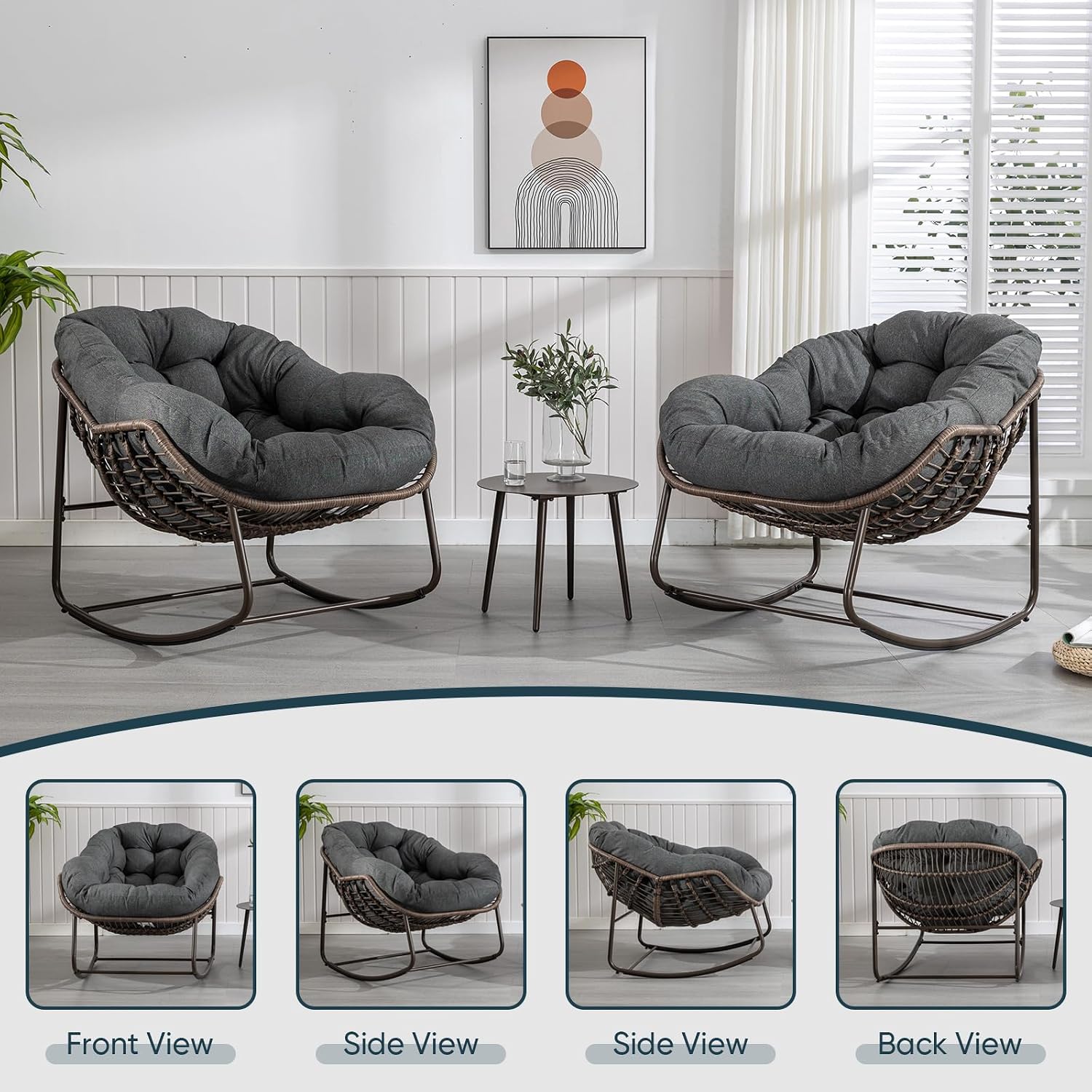 Outdoor Rocking Chair Set of 2, Patio Oversized Wicker Egg Rocking Chair, Indoor & Outdoor Comfy Rocker Chair with Thick Cushion, Modern Lounge Chair for Balcony, Porch, Garden, Backyard, Deck, Grey