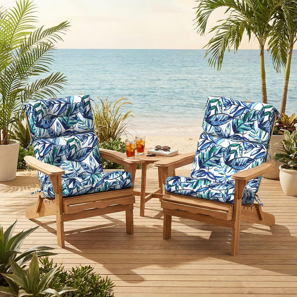 Outdoor High Back Patio Chair Cushions, Tufted Rocking Chair Cushions, Adirondack Cushions for Garden Porch Home Office Chairs Use, 44' x 22' x 4', 2 Pack, Leaves Ink Blue