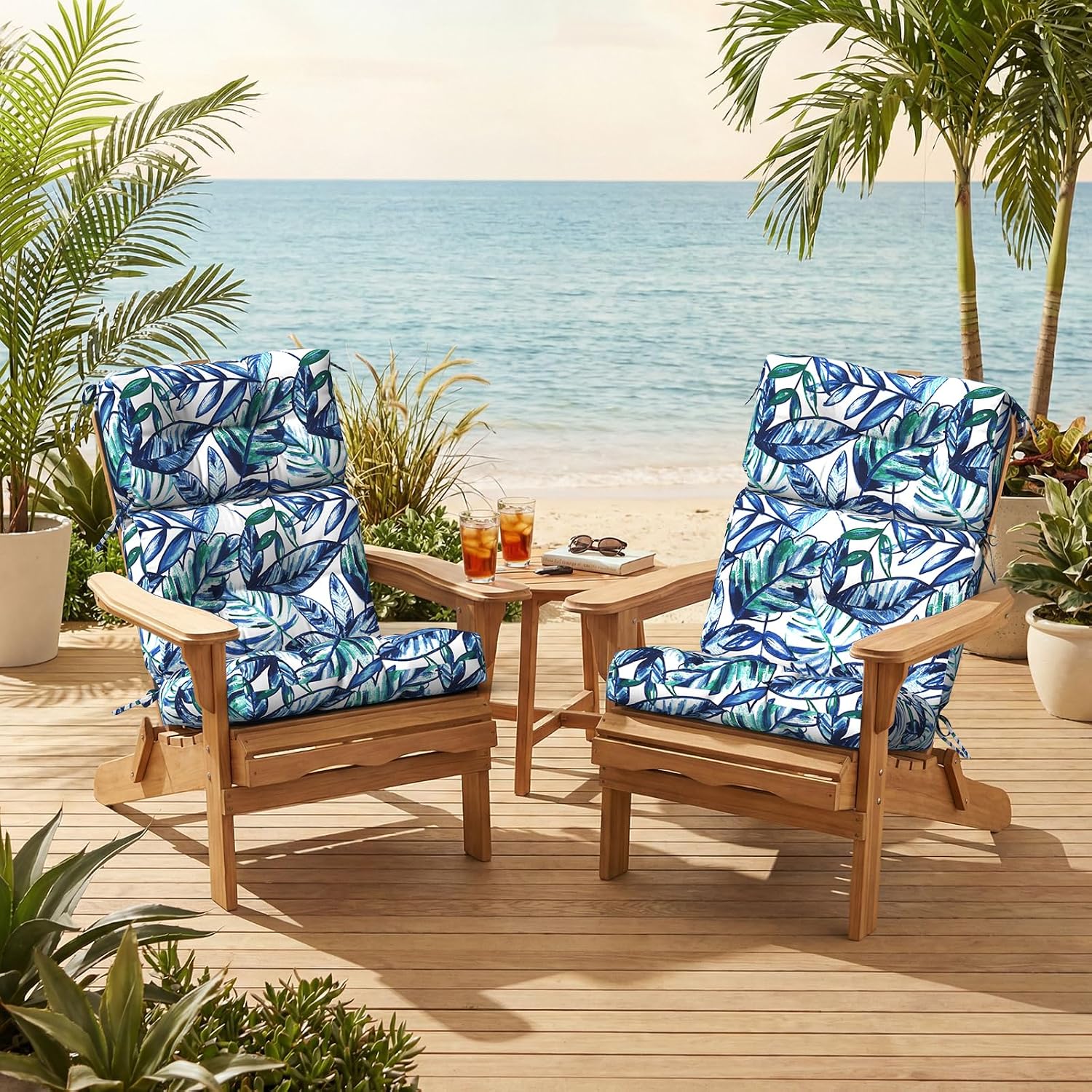 Outdoor High Back Patio Chair Cushions, Tufted Rocking Chair Cushions, Adirondack Cushions for Garden Porch Home Office Chairs Use, 44' x 22' x 4', 2 Pack, Leaves Ink Blue