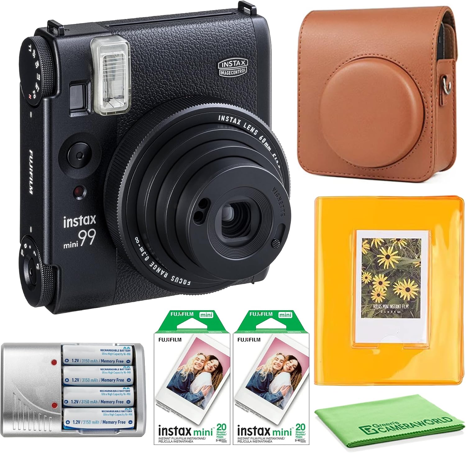 Fujifilm Instax Mini 99 Instant Camera Bundle with Fuji Instax Mini Instant Film Value Pack (40 Sheets) + Carrying Case - Brown + Photo Album – 64 Pockets + More