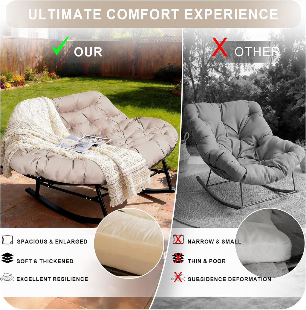 Double Outdoor Rocking Papasan Chair, 2-Person Oversized Loveseat Rocker, Thickened Soft Cushion & Rattan Wicker Frame, for Patio, Garden, Balcony Relaxation (Waterproof Fabric,Beige)