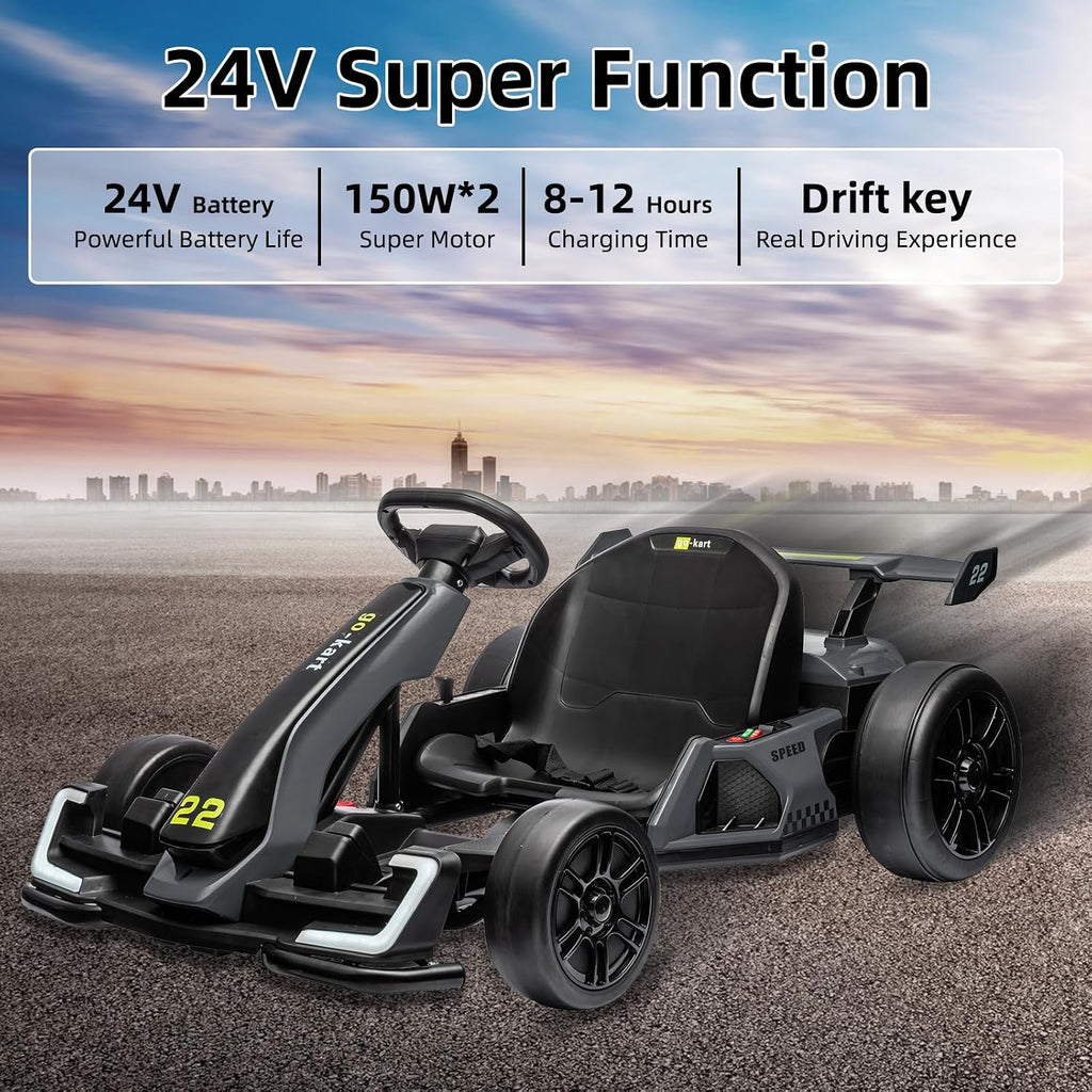 Nasitip 24V Electric Go Kart,300W Powerful Drift Kart for Kids, Electric Pedal Kart,with 300W Strong Motor, Drift/Sport Mode, Big Battery, Eva Tire,Length Adjustmen for Outdoor Racing Toy-Grey