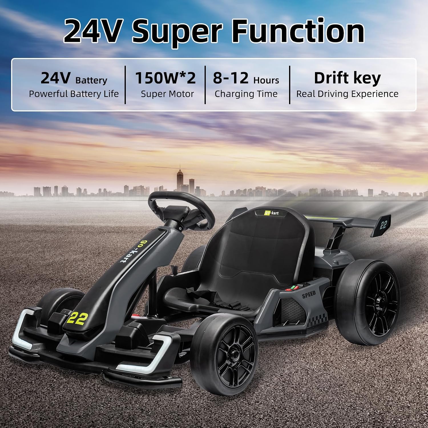 Nasitip 24V Electric Go Kart,300W Powerful Drift Kart for Kids, Electric Pedal Kart,with 300W Strong Motor, Drift/Sport Mode, Big Battery, Eva Tire,Length Adjustmen for Outdoor Racing Toy-Grey