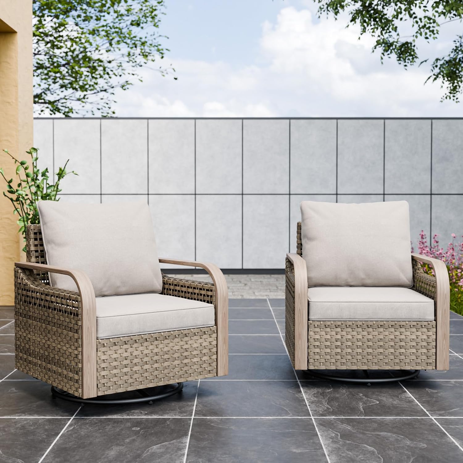 Modern Wicker Outdoor Swivel Rocking Chair, Rattan Glider Rocker with Streamlined Armrest, 2 Piece Patio Chairs for Backyard, Deck, Porch, Garden, Brown/Gray