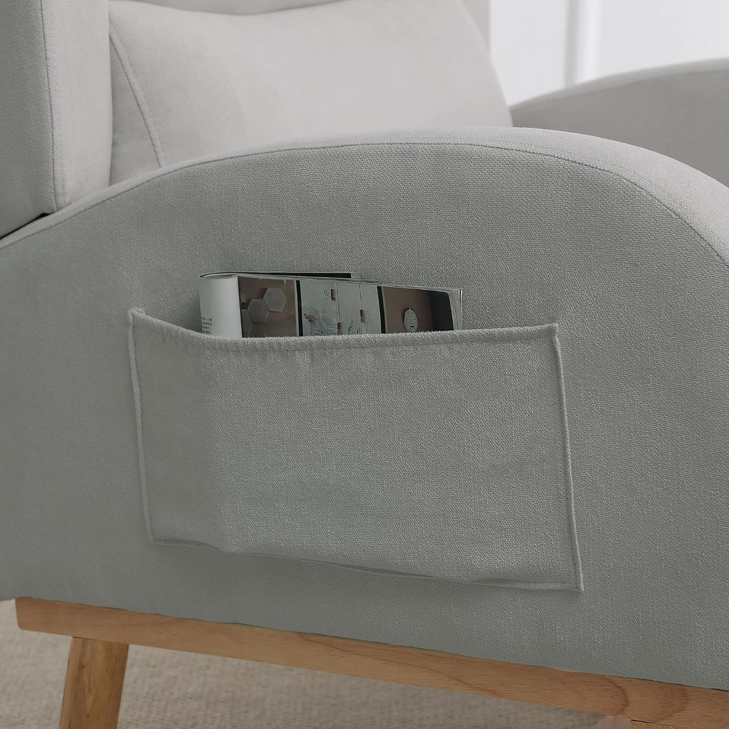 Nursery Rocking Chairs, Upholstered Rocking Chairs Glider Rocker for Living Room,Bedroom, Comfy Linen Glider Rocker Nursing Chair Wingback with Side Pocket for Nursing Adult Light Grey