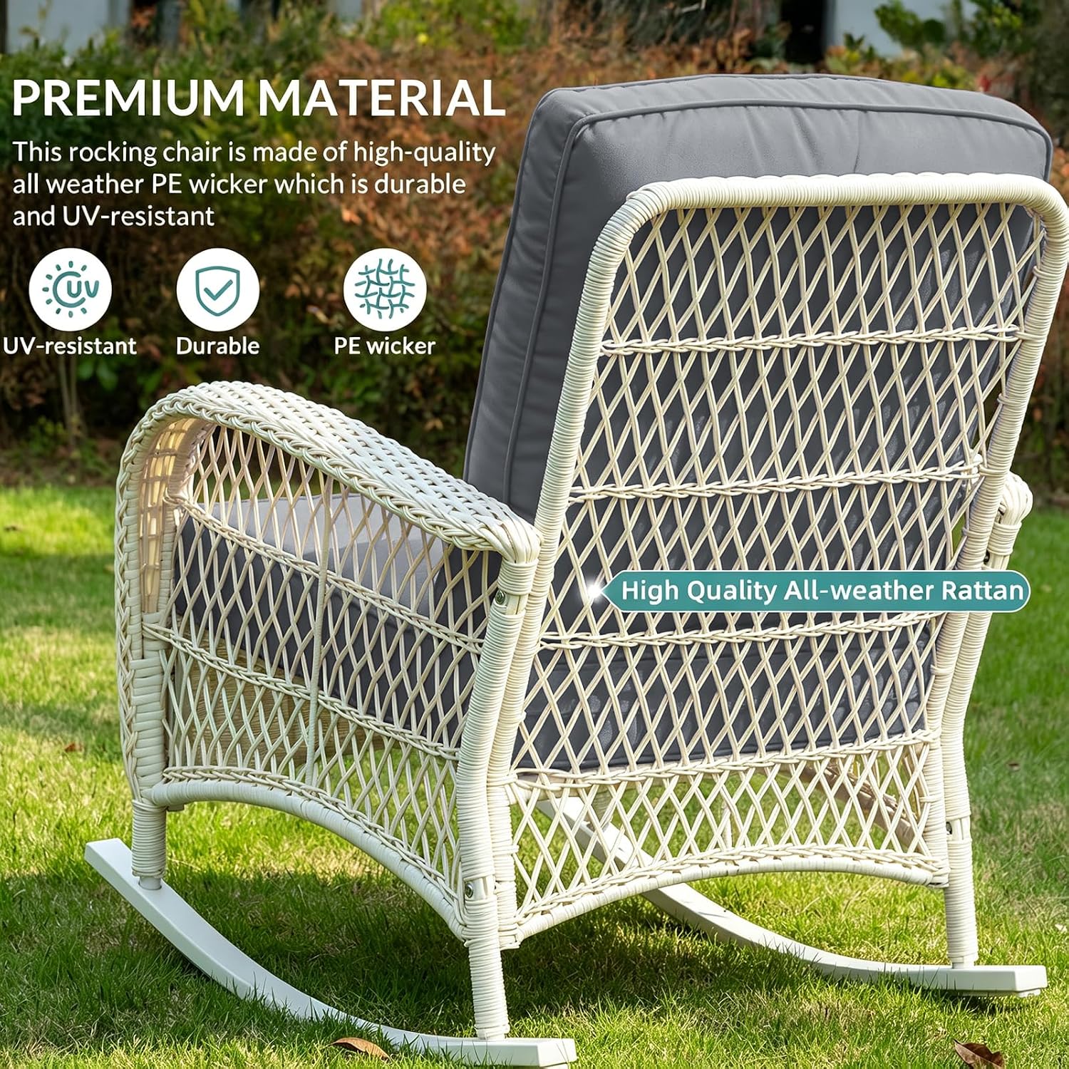 MEETWARM Outdoor Wicker Rocking Chair, Rattan Patio Rocker Chairs with Cushions and High Back, All-Weather Patio Wicker Chair with Safe Rocking Design for Garden Backyard Porch, Cream White/Grey