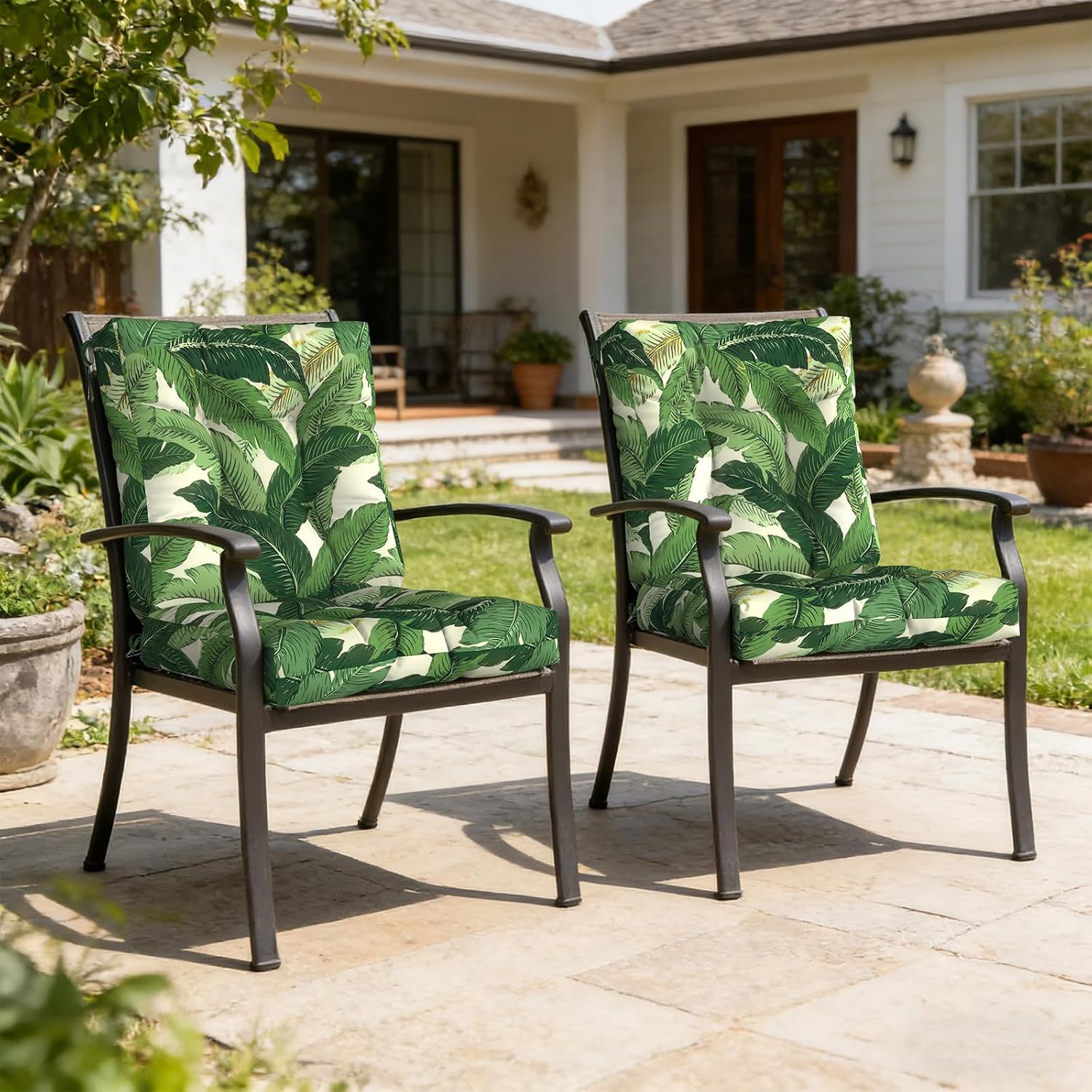 LVTXIII Outdoor Tufted Low Back Cushions, Solid Fluffy Seat and Back Chair Cushion with Ties, Patio Replacement Rocking Chair Cushion for Outdoor Furniture Use, 21 W x 21D, 2 Pack, Swaying Palms Green