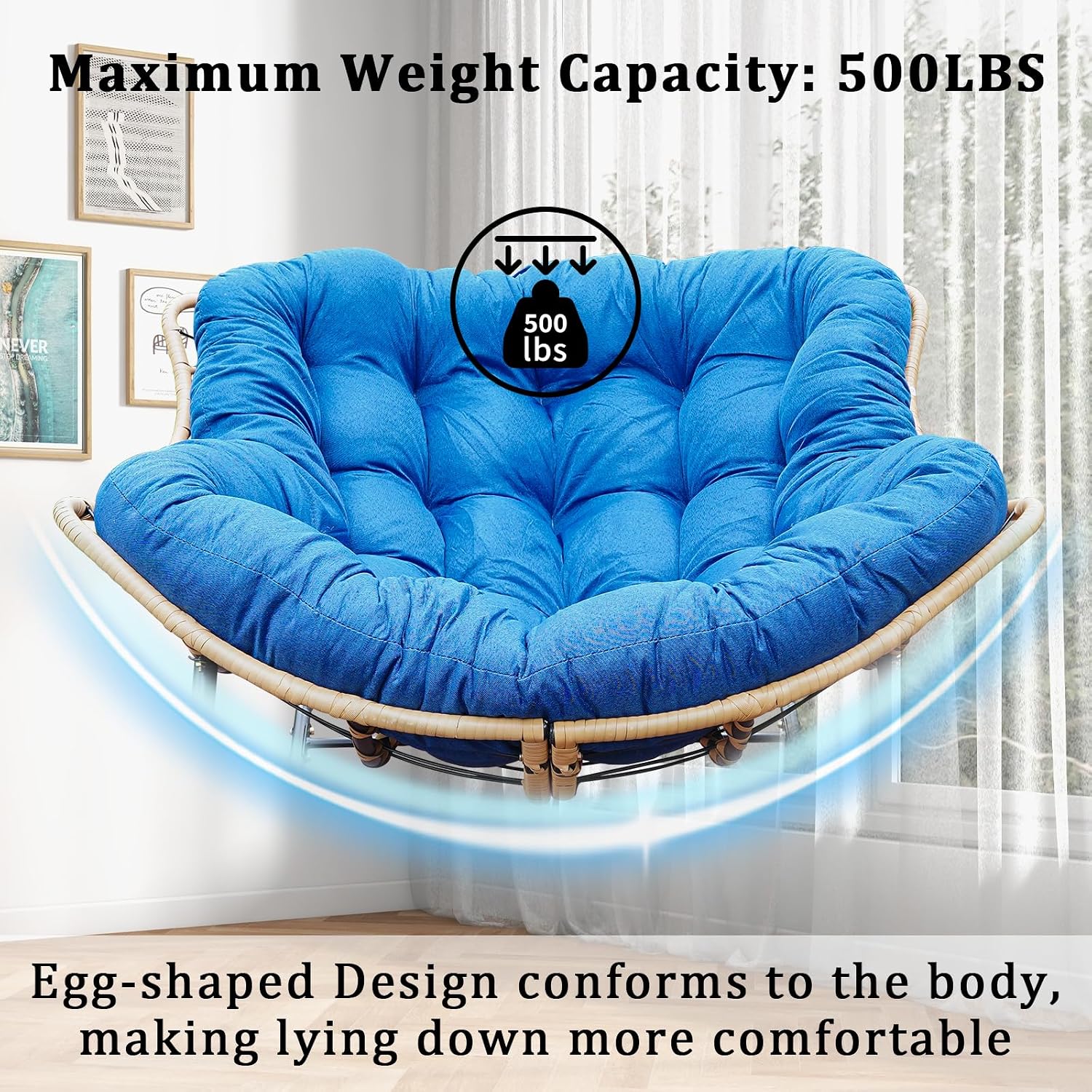 Rocking Papasan Chair Outdoor/Indoor, Rattan Wicker Lounge Rocker Egg Chair with Thick Cushion, Alloy Frame & Anti-Tip Wide Base for Patio, Living Room, Bedroom, Royal Blue