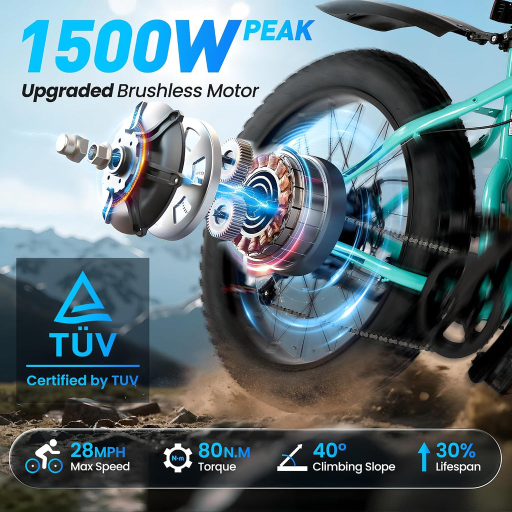 Electric Mountain Bike for Adults, 1500W Peak 72Miles + 28 MPH, 26'x4' All-Terrain Fat Tire E Bike with Removable Battery, 7 Speed Front Suspension, Dual Brake, LCD & Horn(TUV & UL2849)