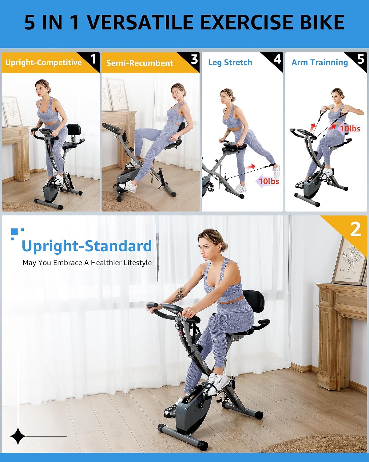 USLIM Foldable Exercise Bike Stationary Bikes for Home, 5 IN 1 Indoor Workout Bike, Cycling Bike with 16-Level Quiet Magnetic Resistance, 6.6 LBS Flywheel and 300LBS Capacity for Senior and Home Workout