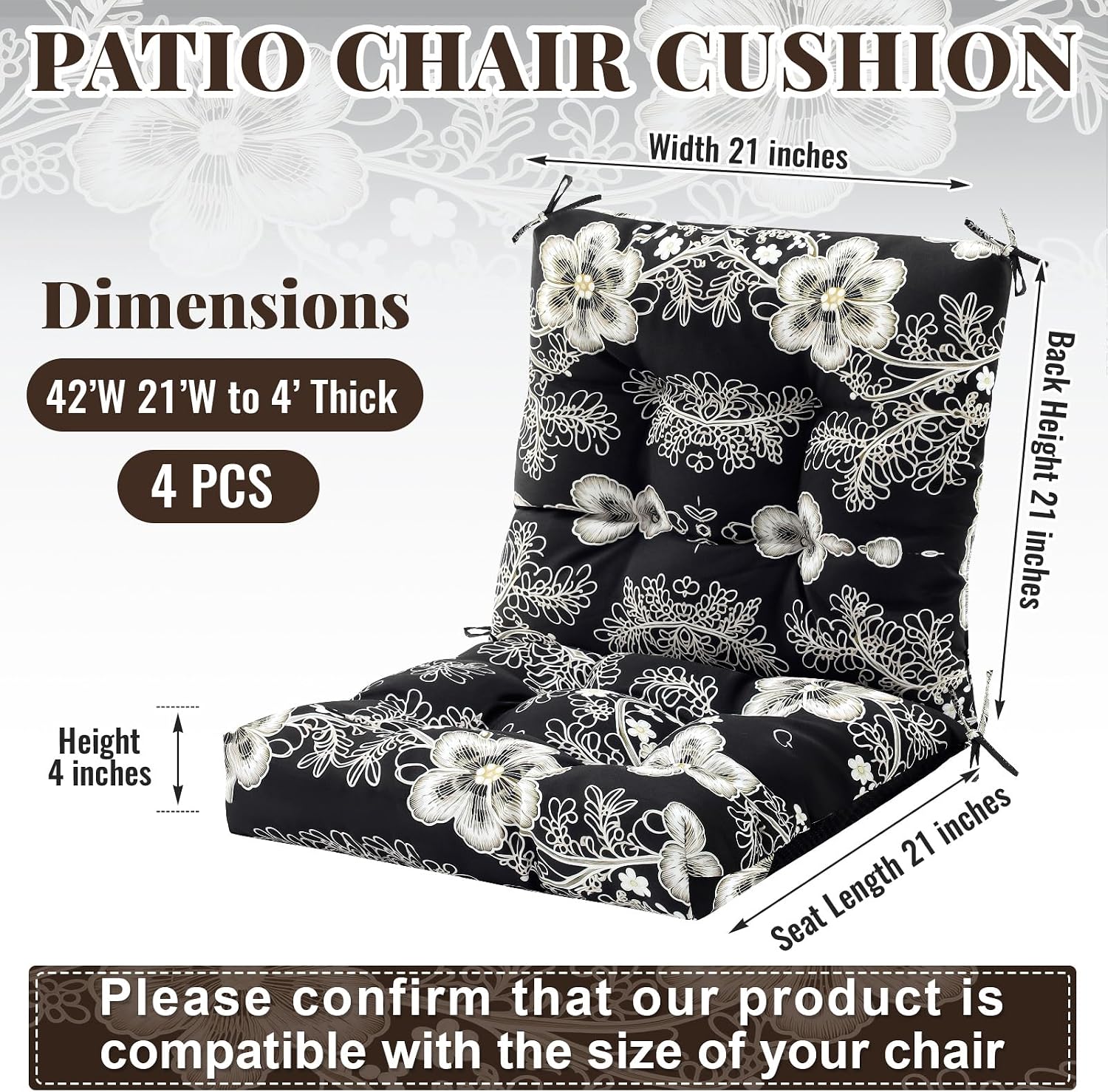 Marsui 4 Pcs Outdoor Indoor High Back Chair Cushions Patio Furniture Tufted Pillow with Ties Water-Resistant Replacement Outdoor Rocking Chair Cushions, 42 x 21 Inches (Black,Flower)
