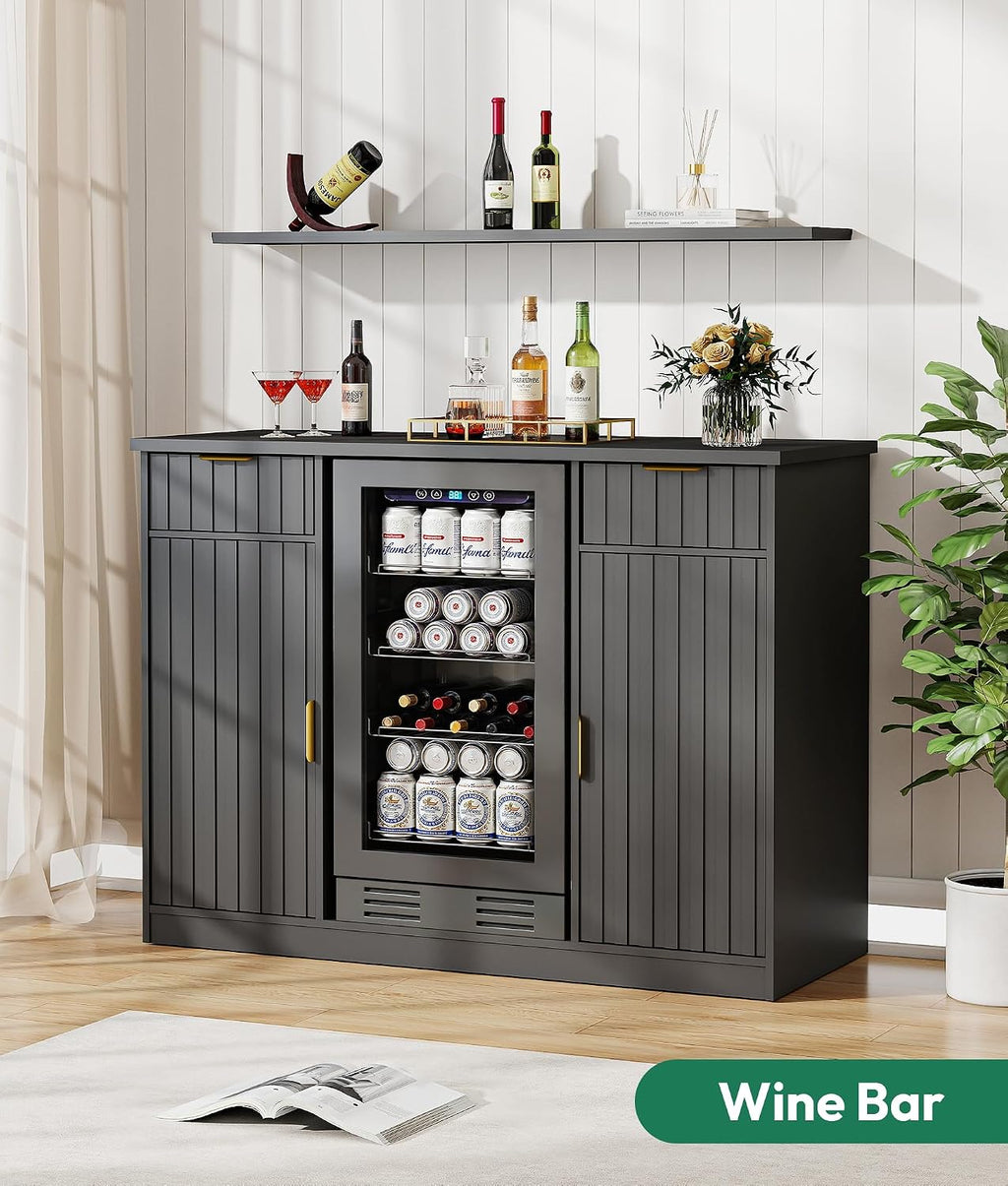 Lamtor Coffee Bar Cabinet with Storage - 53' Mini Fridge Cabinet with Power Outlet, Fluted Wine Bar with Drawer & Door Storage for Kitchen Dining Room, Black