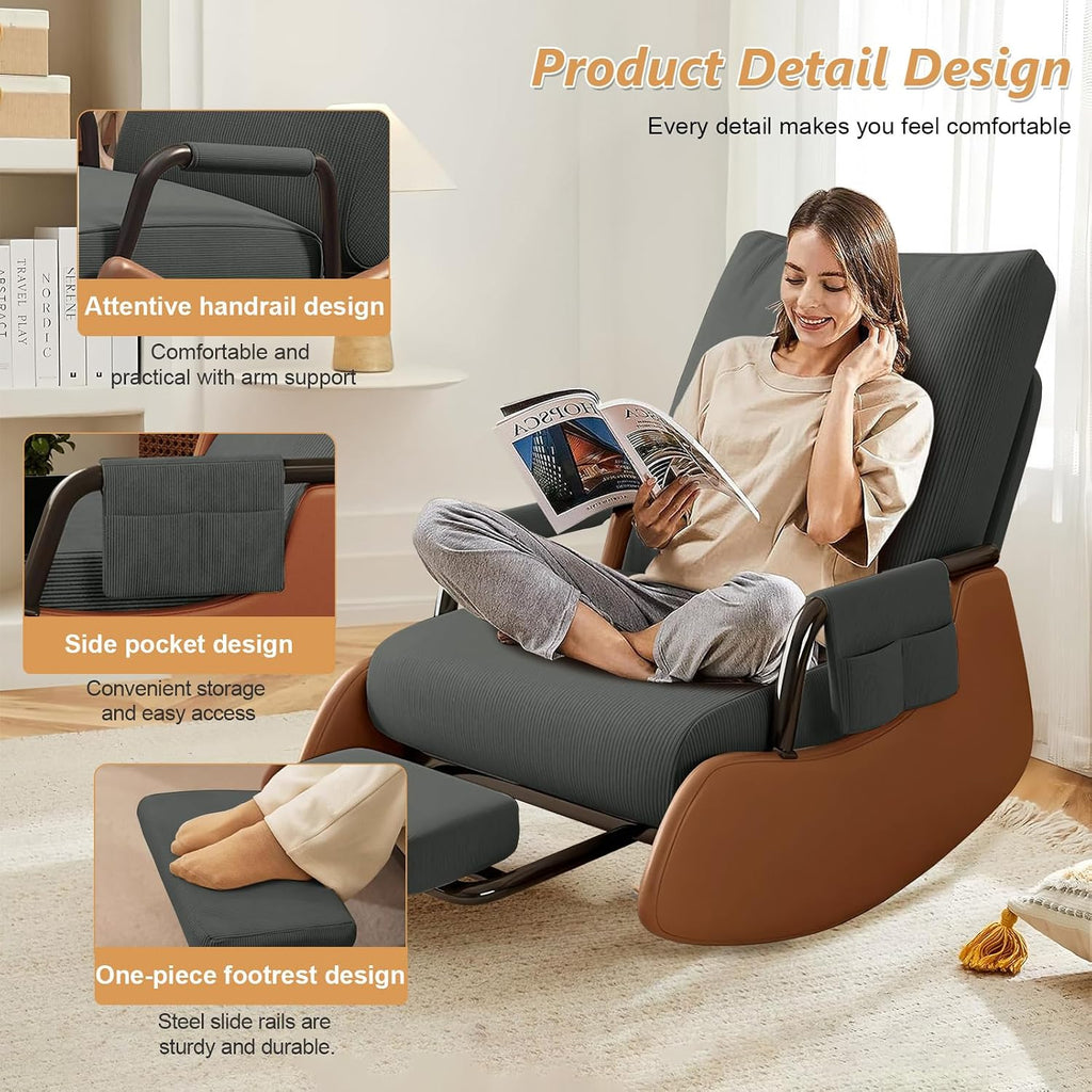 JPBSTO Rocking Chair Nursery, Upholstered Glider Rocking Chair with Side Pocket and Adjustable High Backrest, Foldable Rocker Recliner with Footrest Perfect for Living Room Bedroom, Deep Grey