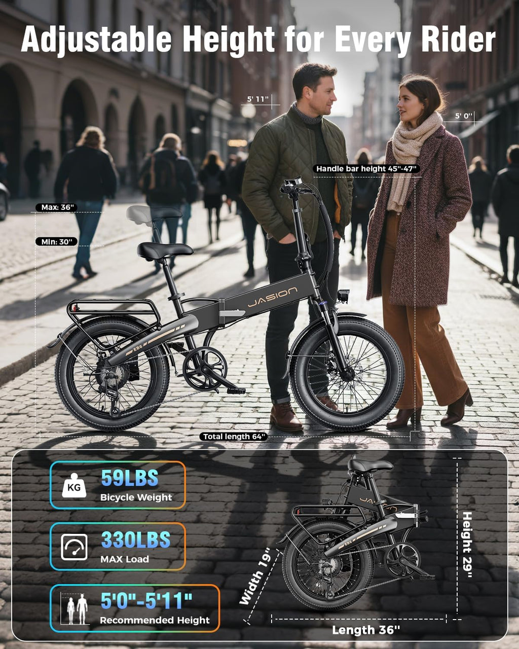 Jasion EBS Folding Electric Bike for Adults, Compact Portable 20' Fat Tire Ebike with 1200W Peak Motor, 48V Removable Battery, 25 MPH 50 Miles Aluminum Frame E-Bike Suitable for Trunk, RV, Apartment