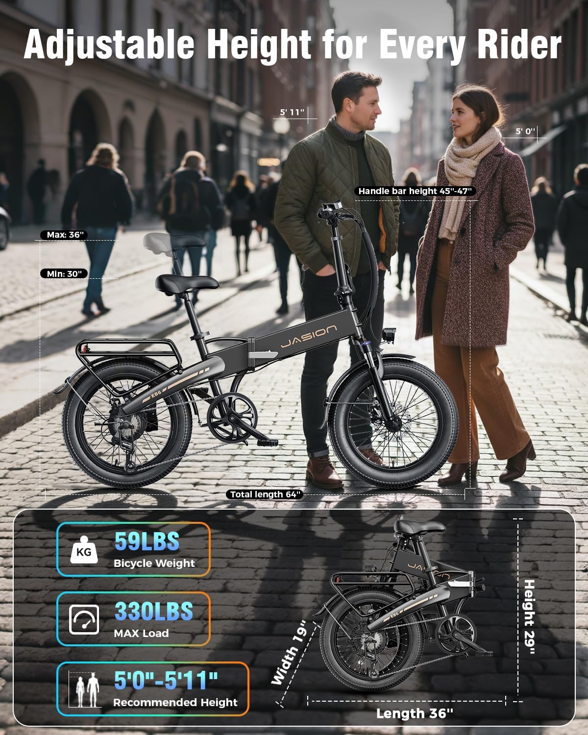 Jasion EBS Folding Electric Bike for Adults, Compact Portable 20' Fat Tire Ebike with 1200W Peak Motor, 48V Removable Battery, 25 MPH 50 Miles Aluminum Frame E-Bike Suitable for Trunk, RV, Apartment