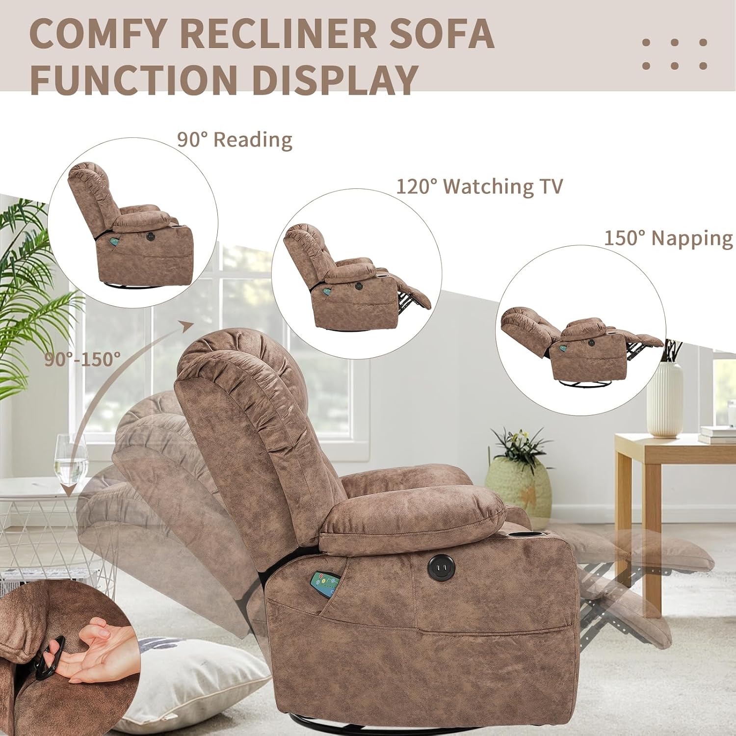 Swivel Rocker Recliner Chair with Heat and Massage, Manual Glider Rocking Reclining Chair, 360° Swivel Overstuffed Lounge Chair with 2 Cup Holders, Side Pockets & USB Ports, Fabric Brown