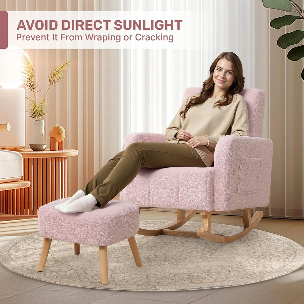 HCHAIRH Rocking Chair with Ottoman, Upholstered Glider Rocker Armchair with High Backrest and Side Pocket, Comfy Reading Chair with Solid Wood Legs for Nursery, Living Room,Bedroom, Pink
