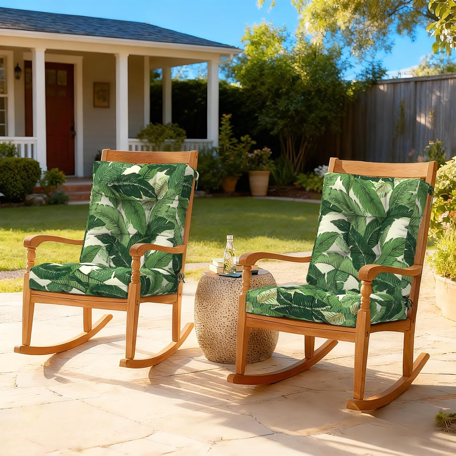 LVTXIII Outdoor Tufted Low Back Cushions, Solid Fluffy Seat and Back Chair Cushion with Ties, Patio Replacement Rocking Chair Cushion for Outdoor Furniture Use, 21 W x 21D, 2 Pack, Swaying Palms Green
