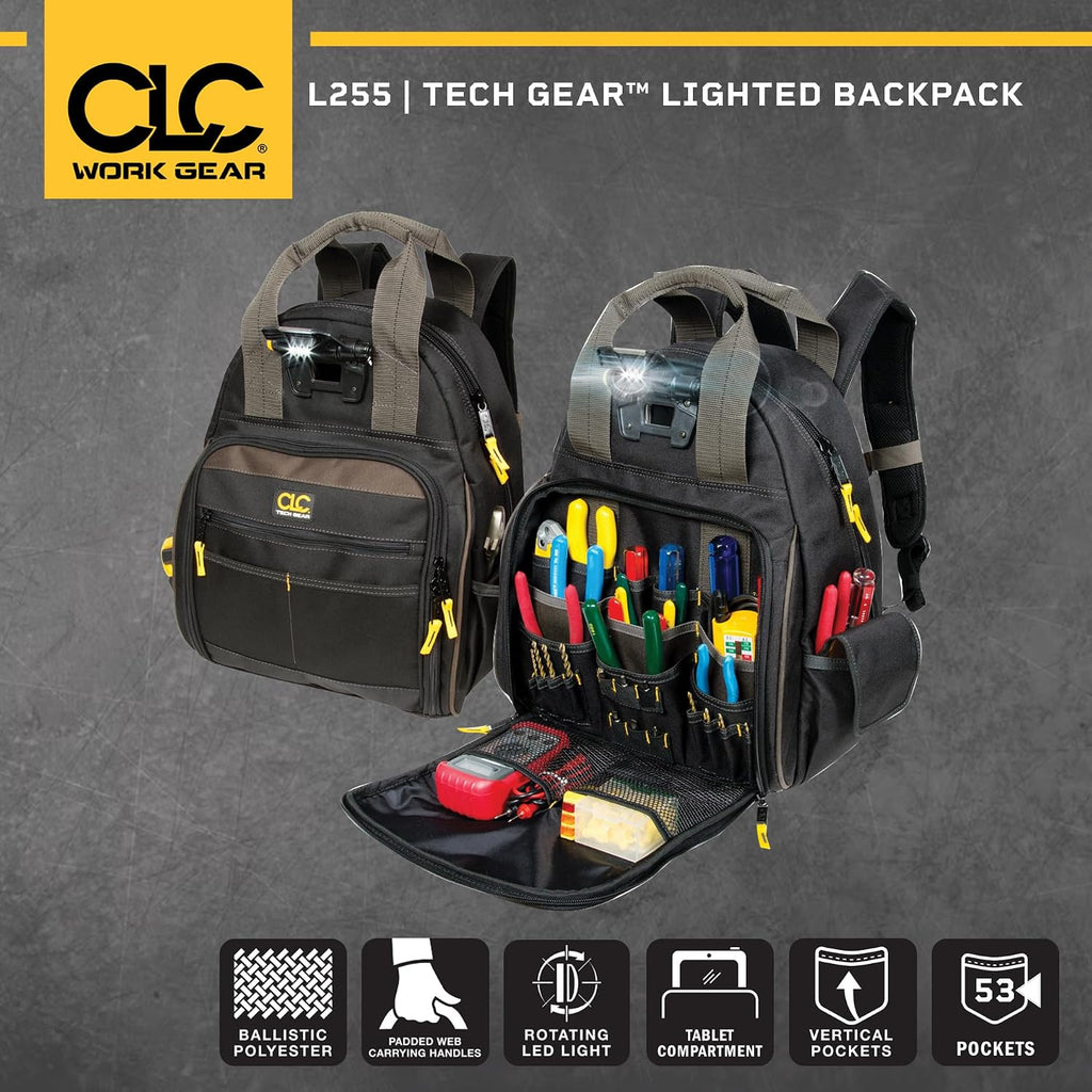 CLC Custom Leathercraft L255 Tech Gear 53 Pocket Lighted Backpack, Black