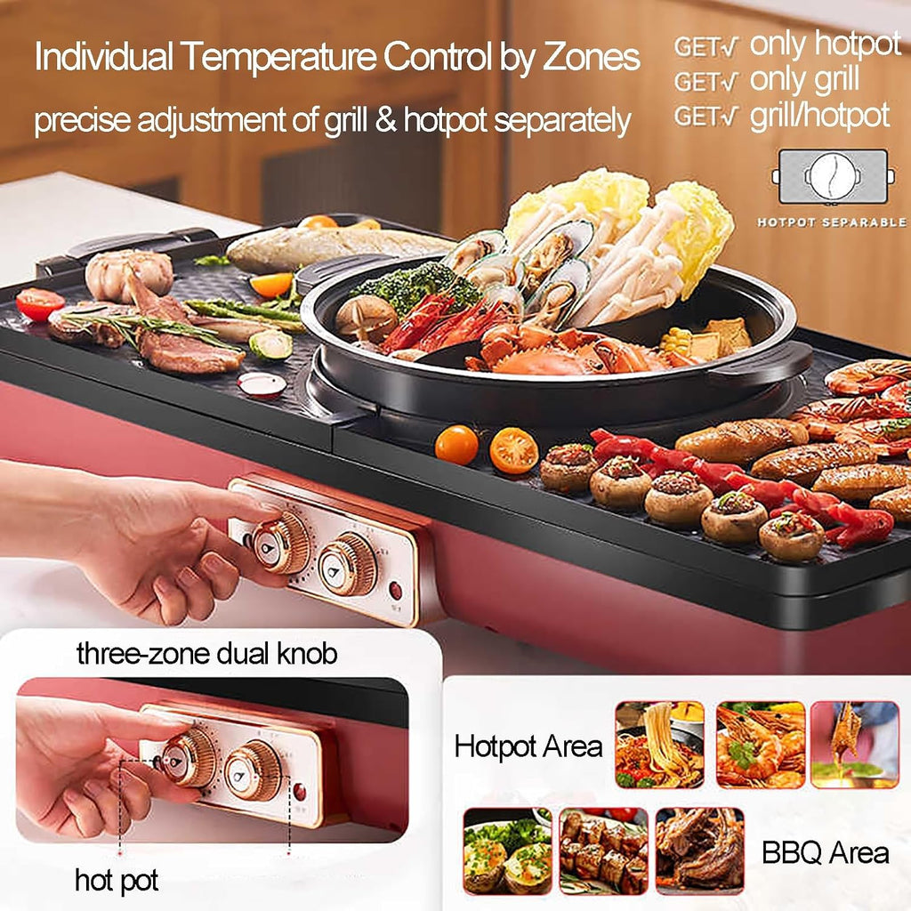 Barbecue Electric Grill and Hot Pot, 2700W Separable BBQ Pan Grill and Hot Pot, Multifunctional Electric Grill Pot with Dual Temp Control, with Nonstick Coating(Red)