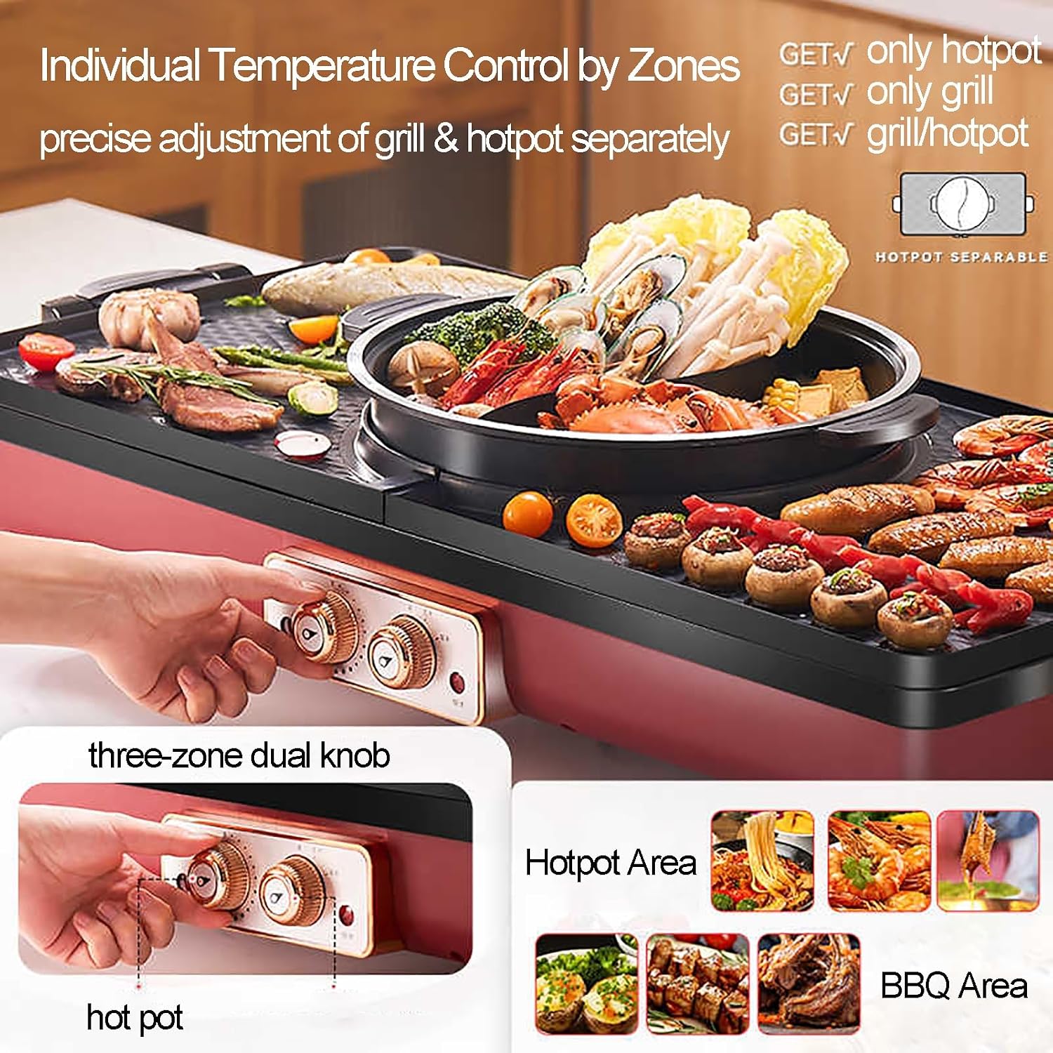 Barbecue Electric Grill and Hot Pot, 2700W Separable BBQ Pan Grill and Hot Pot, Multifunctional Electric Grill Pot with Dual Temp Control, with Nonstick Coating(Red)