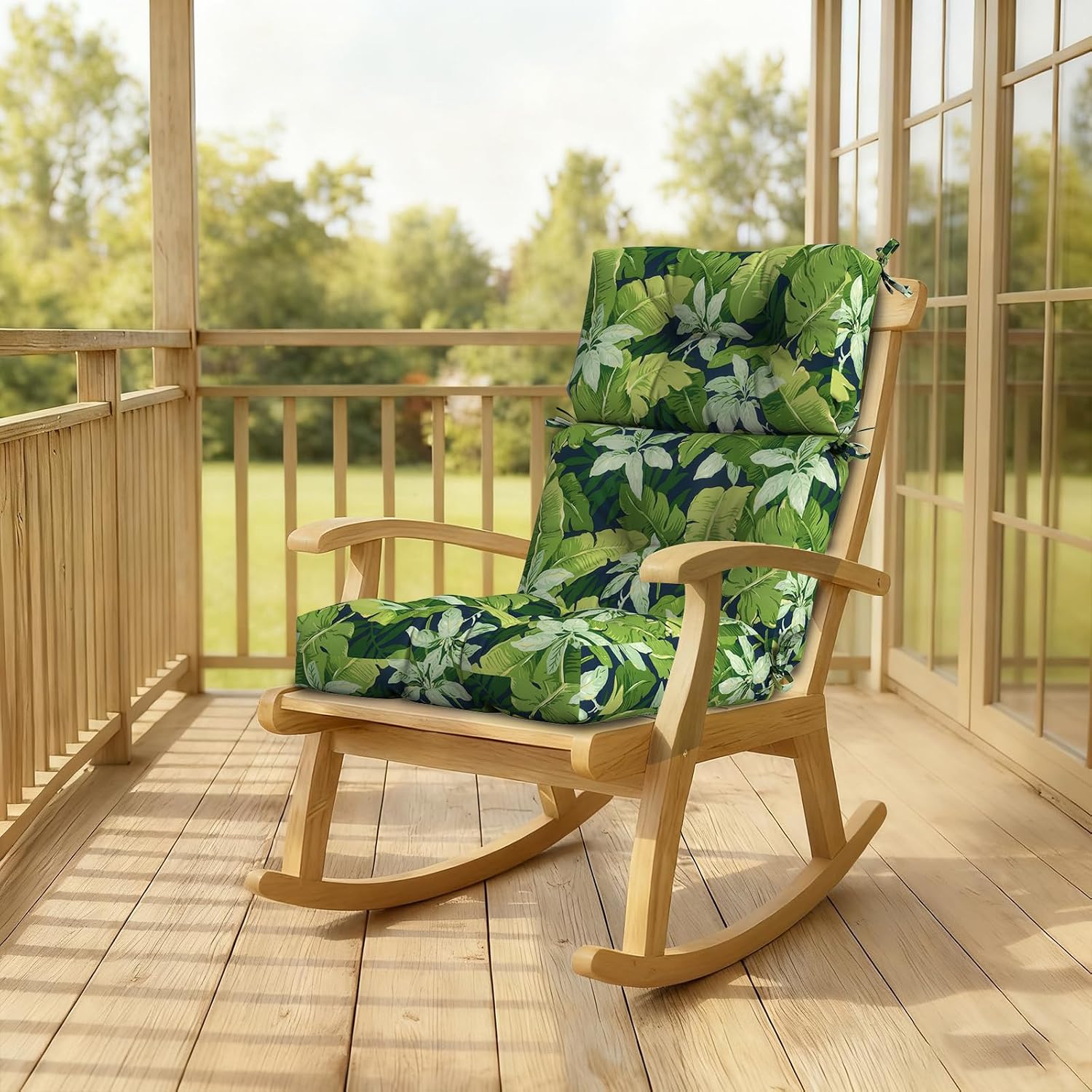 DYTXIII Outdoor High Back Chair Cushions Set of 2, Water Repellent Tufted Rocking Seat Cushions Replacement 44 x 22 Inch, Seat & Back Chair Pads for Patio, Balcony and Indoor Use -Jungle Leaves
