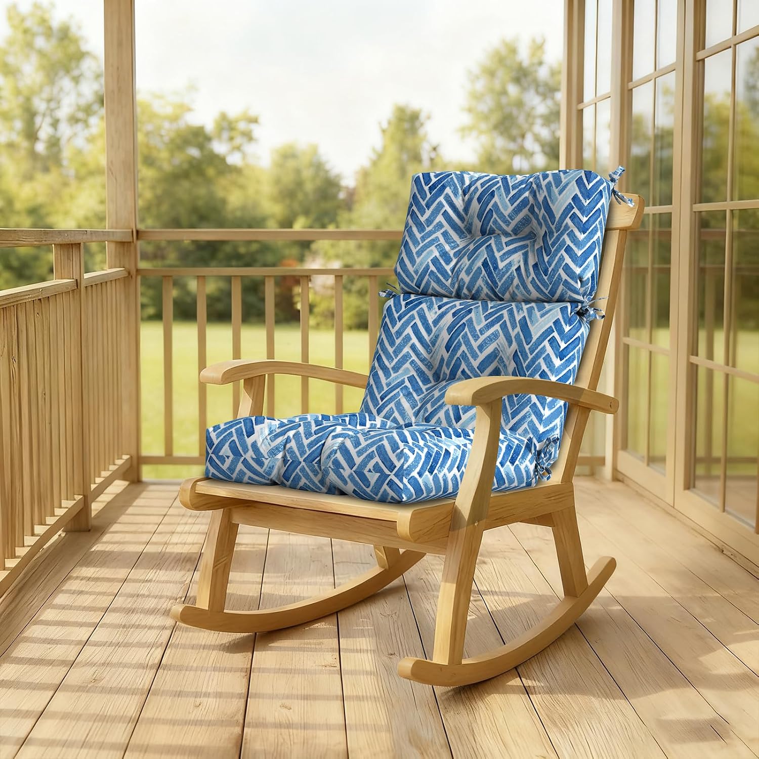 DYTXIII Outdoor High Back Chair Cushions Set of 2, Water Repellent Tufted Rocking Seat Cushions Replacement 44 x 22 Inch, Seat & Back Chair Pads for Patio, Balcony and Indoor Use -Blue Bricks