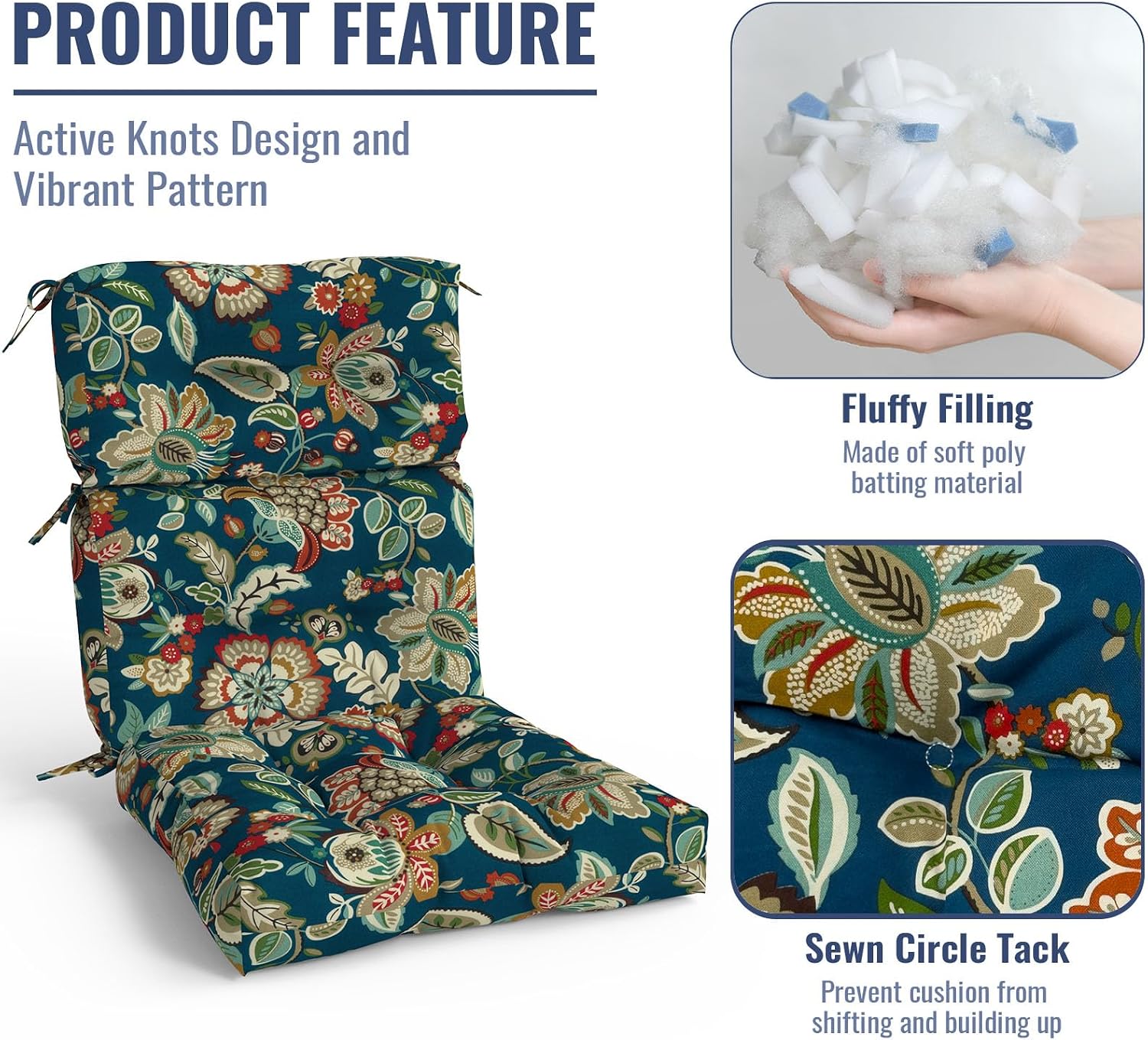 Outdoor High Back Patio Chair Cushions, Tufted Rocking Chair Cushions, Adirondack Cushions for Garden Porch Home Office Chairs Use, 44' x 22' x 4', 2 Pack,Peacock Blue