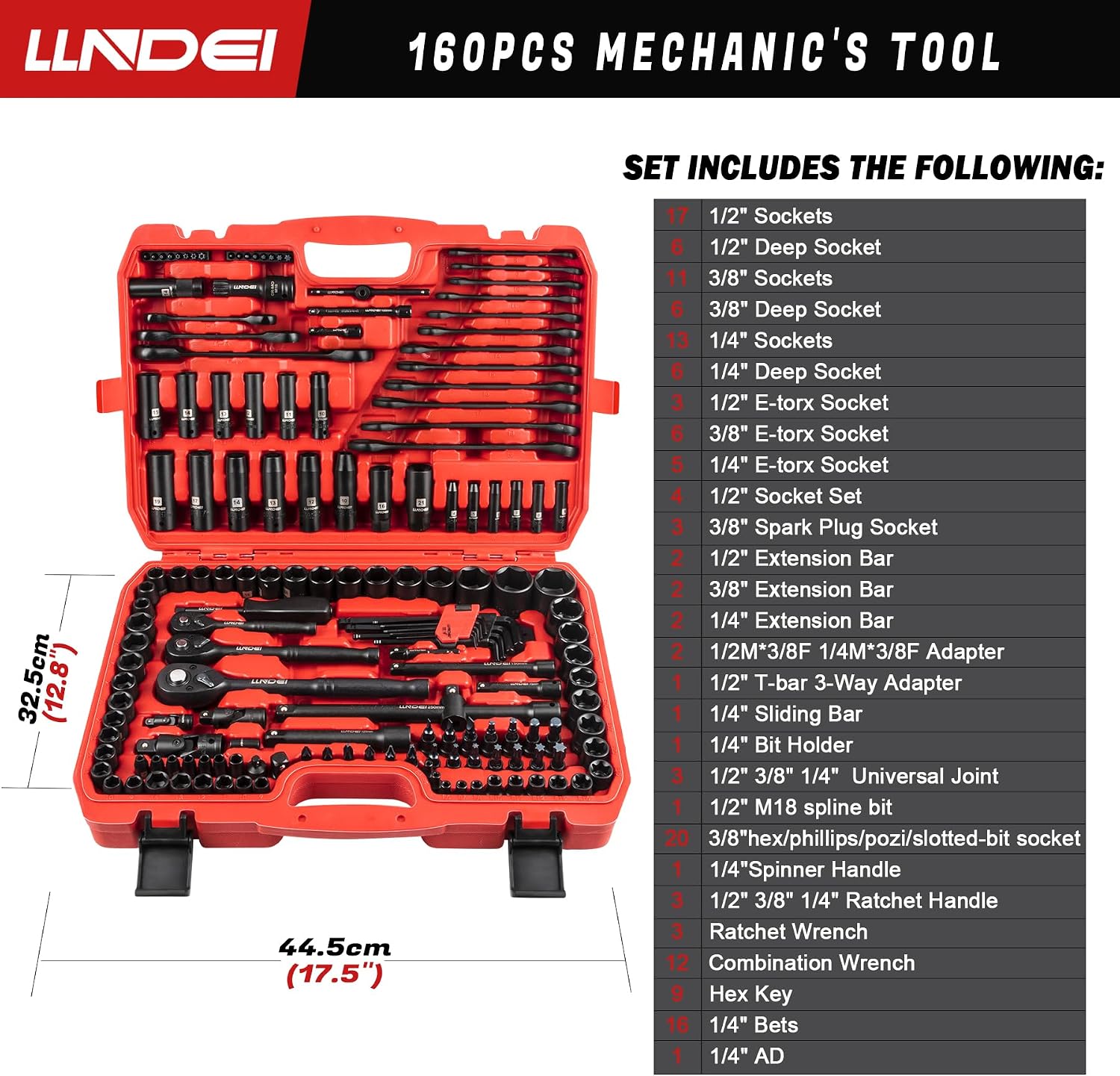 LLNDEI 160-Piece Mechanics Tool Set, Metric Socket Set 1/2 1/4 3/8 inch Drive Professional Tool Kit, CR-V Deep & Shallow Kit with Quick Release Ratchet