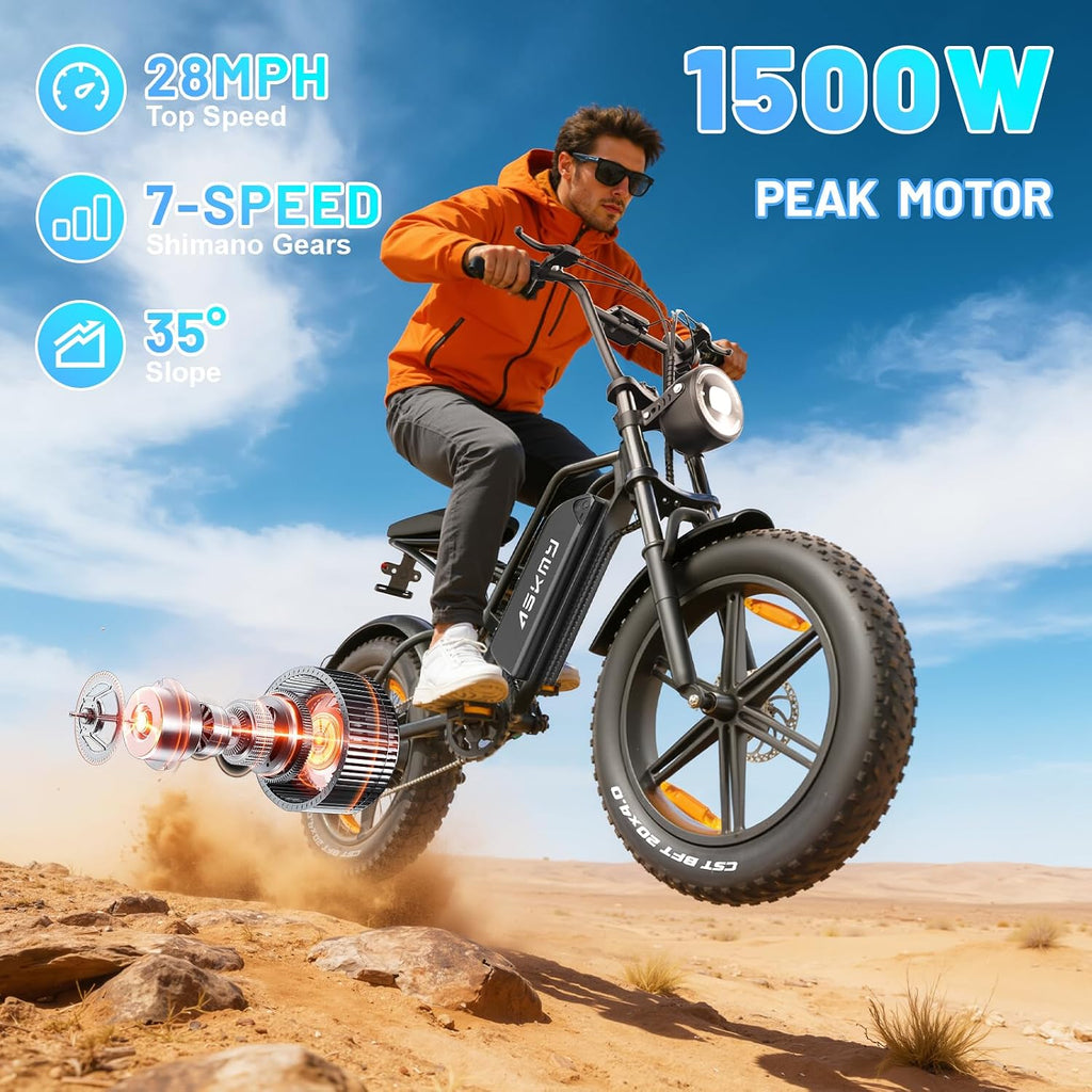 Fat Tire Electric Mountain Bike, All Terrains Electric Bicycles, 1500W Peak Motor Dirt E-Bike with 28MPH and 60 Miles PAS Range (E500-48V 15Ah)