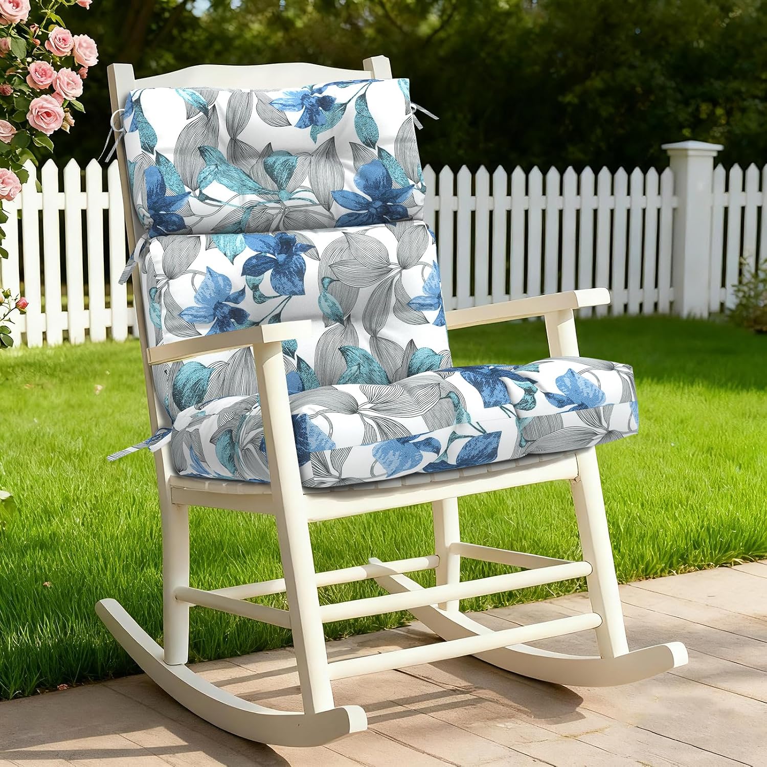 Outdoor High Back Chair Cushions Set of 2, Waterproof Seat Cushion Rocking Chair Cushion with tie 44×20×4 inch, Clemens Noir Blue