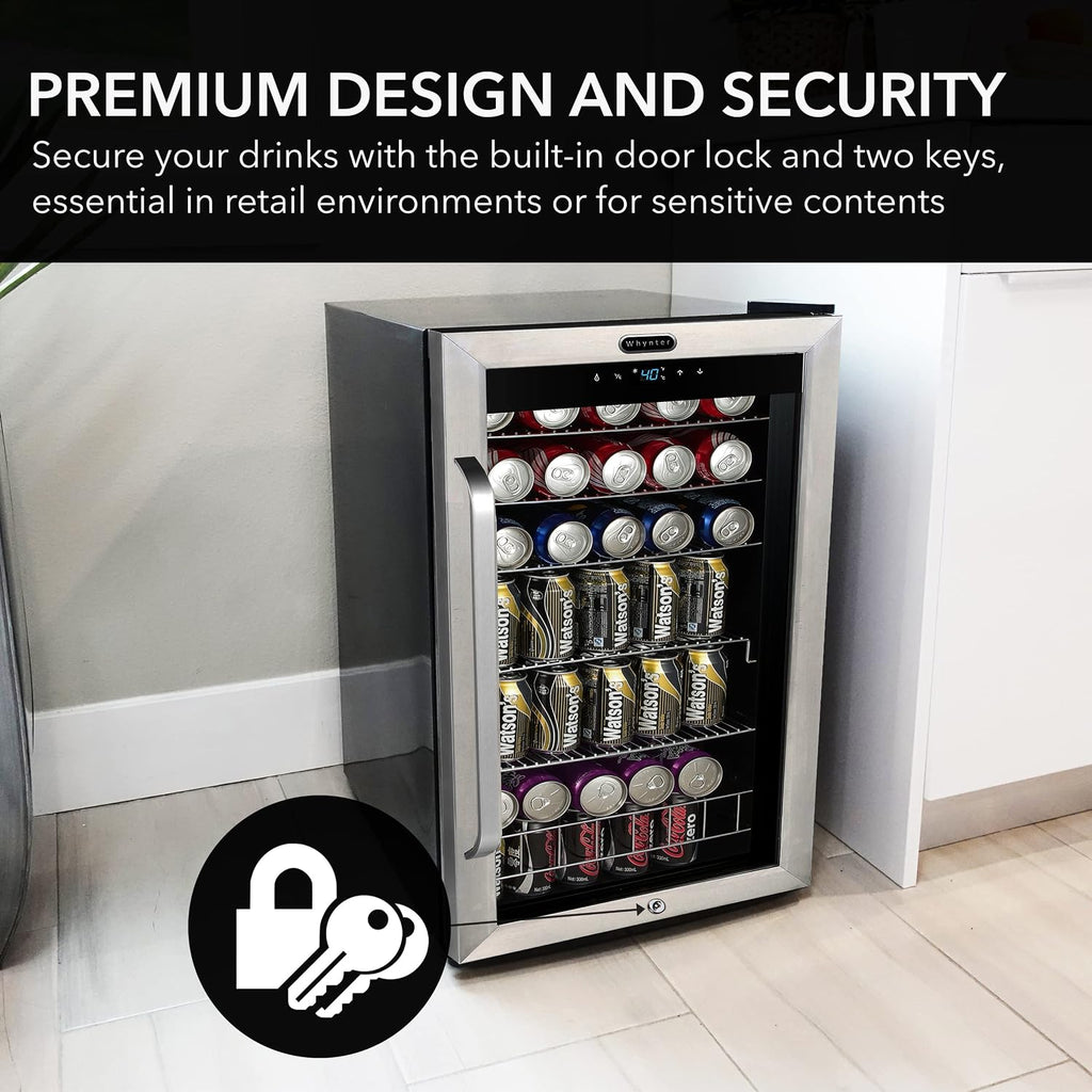 Whynter Beverage Refrigerator with Double-Layer Glass Door, 136-Can 3.4 Cu. Ft. Drink Mini Fridge with Lock & Digital Control, BR-1211DS, Stainless Steel