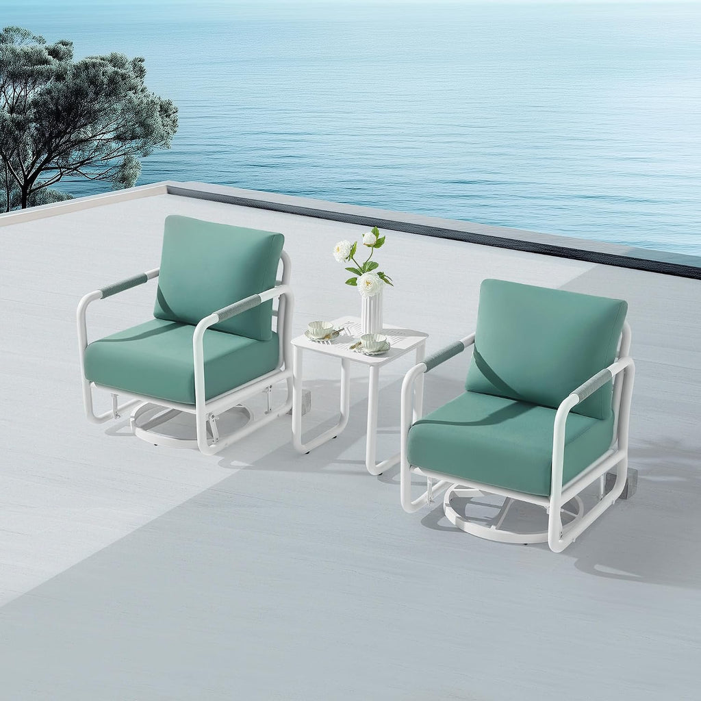3 Piece Patio Outdoor Aluminum Swivel Rocking Chair with Coffee Table and 6.7' Thickened Cushions, All Weather Outdoor Furniture Chairs for Garden, Poolside, Deck-White