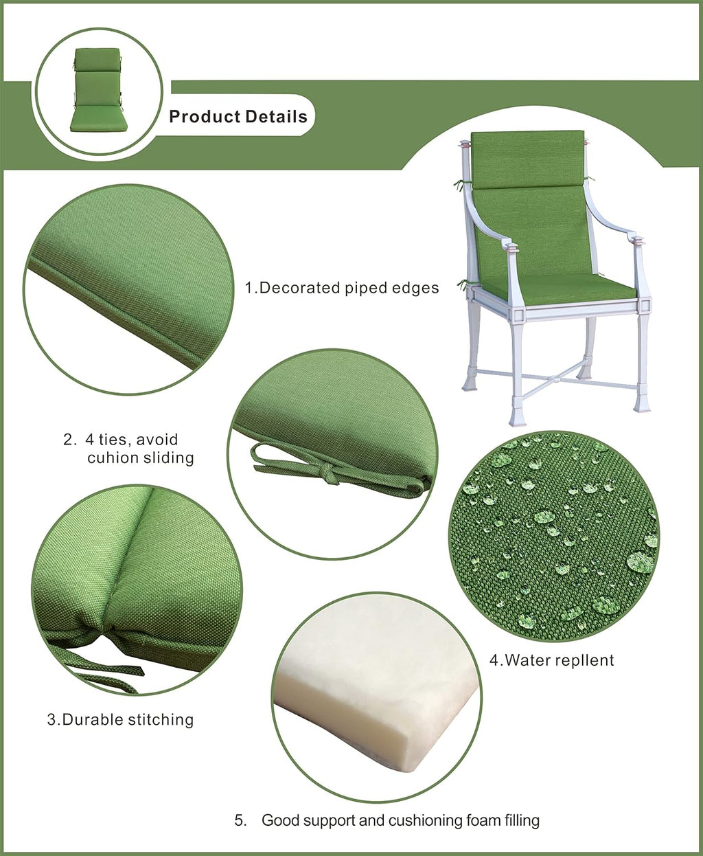Indoor Outdoor High Back Chair Cushions Replacement Patio Chair Seat Cushions Set of 4 (Olefin Coffee/Chocolate)