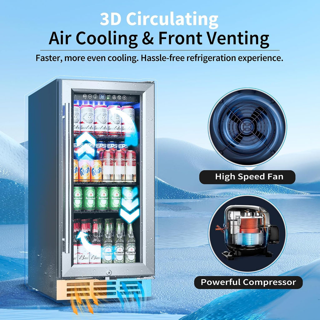 Feelfunn 15 Inch Beverage Refrigerator Under Counter - 126 Cans Beverage Fridge with Glass Door for Beer Wine Soda - Built-in or Freestanding Wine Cooler with Safety Lock for Home Kitchen Bar