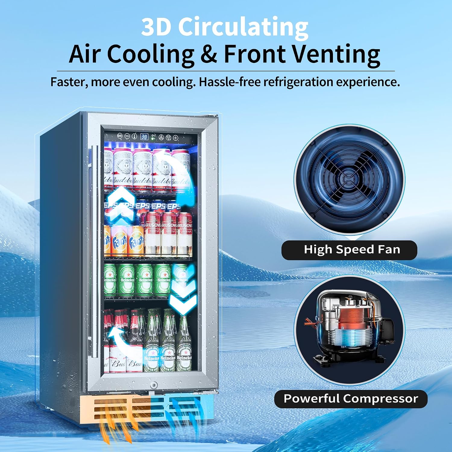 Feelfunn 15 Inch Beverage Refrigerator Under Counter - 126 Cans Beverage Fridge with Glass Door for Beer Wine Soda - Built-in or Freestanding Wine Cooler with Safety Lock for Home Kitchen Bar