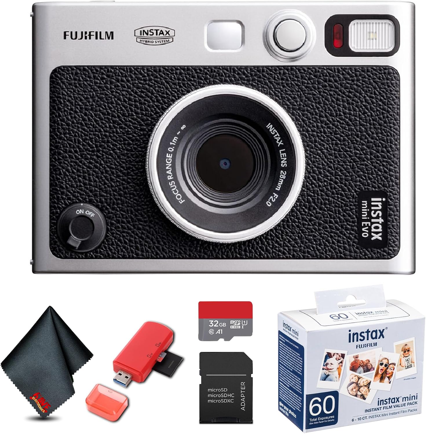 FUJIFILM INSTAX MINI EVO Hybrid Instant Camera (Black) Bundle with 32GB Memory Card + Camera Case + USB Card Reader, SD/microSD + Microfiber Cleaning Cloth