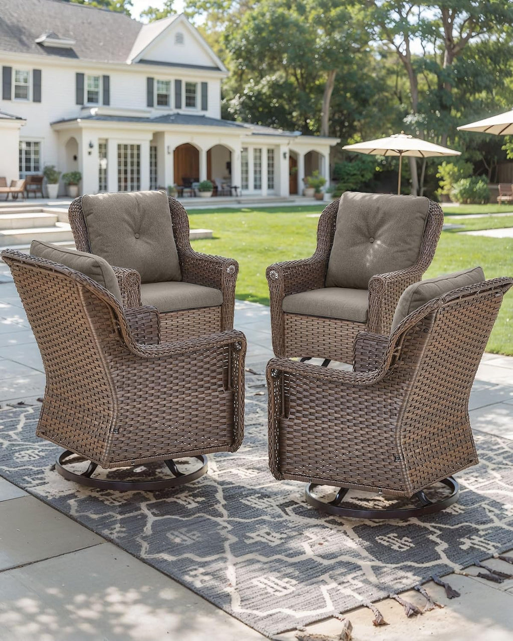 Patio Chairs Outdoor Swivel Glider - Set of 4 High Back Outside Brown Wicker Rattan Rocking Chair with Thick Cushion for Porch Apartment Deck Yard Poolside Garden - Grey