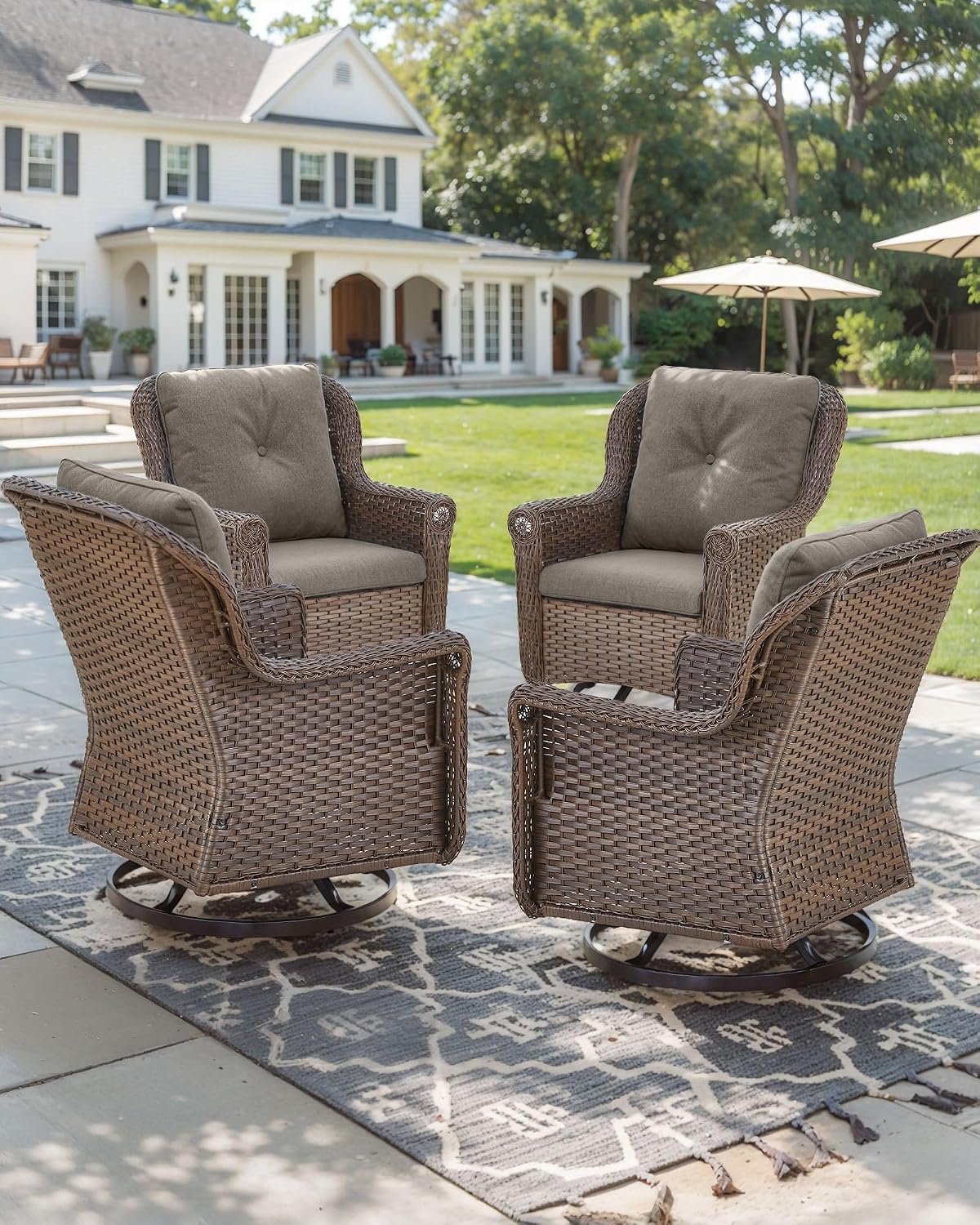 Patio Chairs Outdoor Swivel Glider - Set of 4 High Back Outside Brown Wicker Rattan Rocking Chair with Thick Cushion for Porch Apartment Deck Yard Poolside Garden - Grey