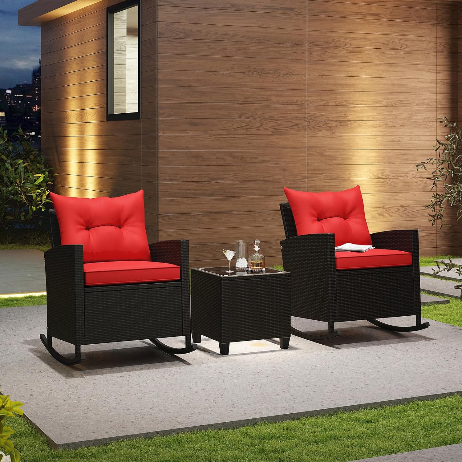 KOTEK 3 Piece Patio Furniture Rocking Bistro Set, Wicker Outdoor Rocking Chairs & Glass Table, PE Rattan Conversation Set for Porch, Balcony, Deck, Poolside (Mix Brown- Red)